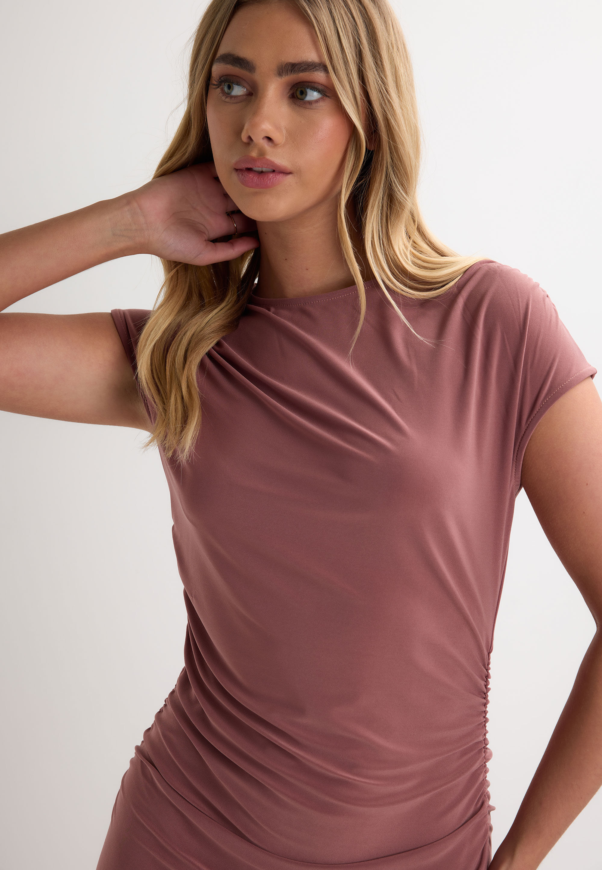 Womens Brown Plain Ruched Sides Midi Dress