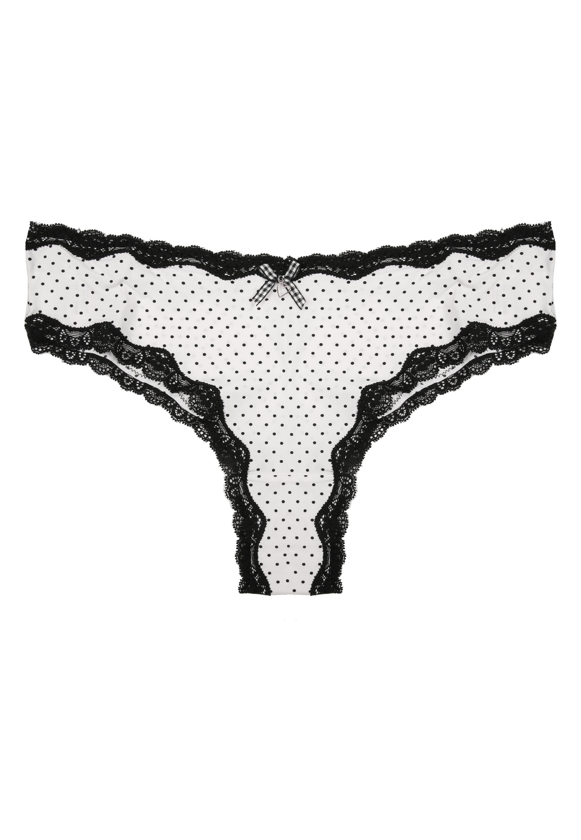 Womens Cream & Black Spot Lace Trim Brazilian Briefs