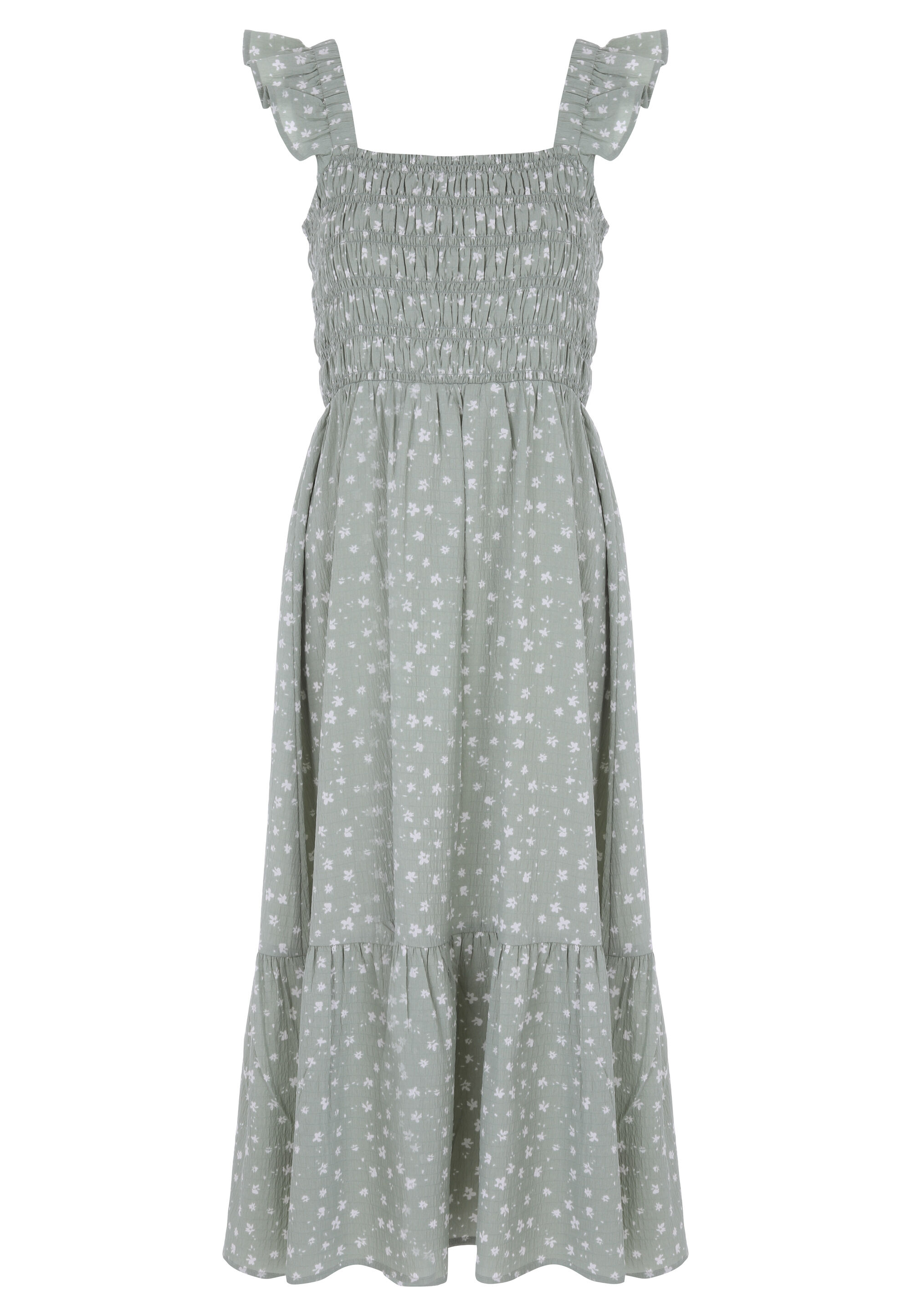 Womens Sage Floral Shirred Flutter Sleeve Midi Dress