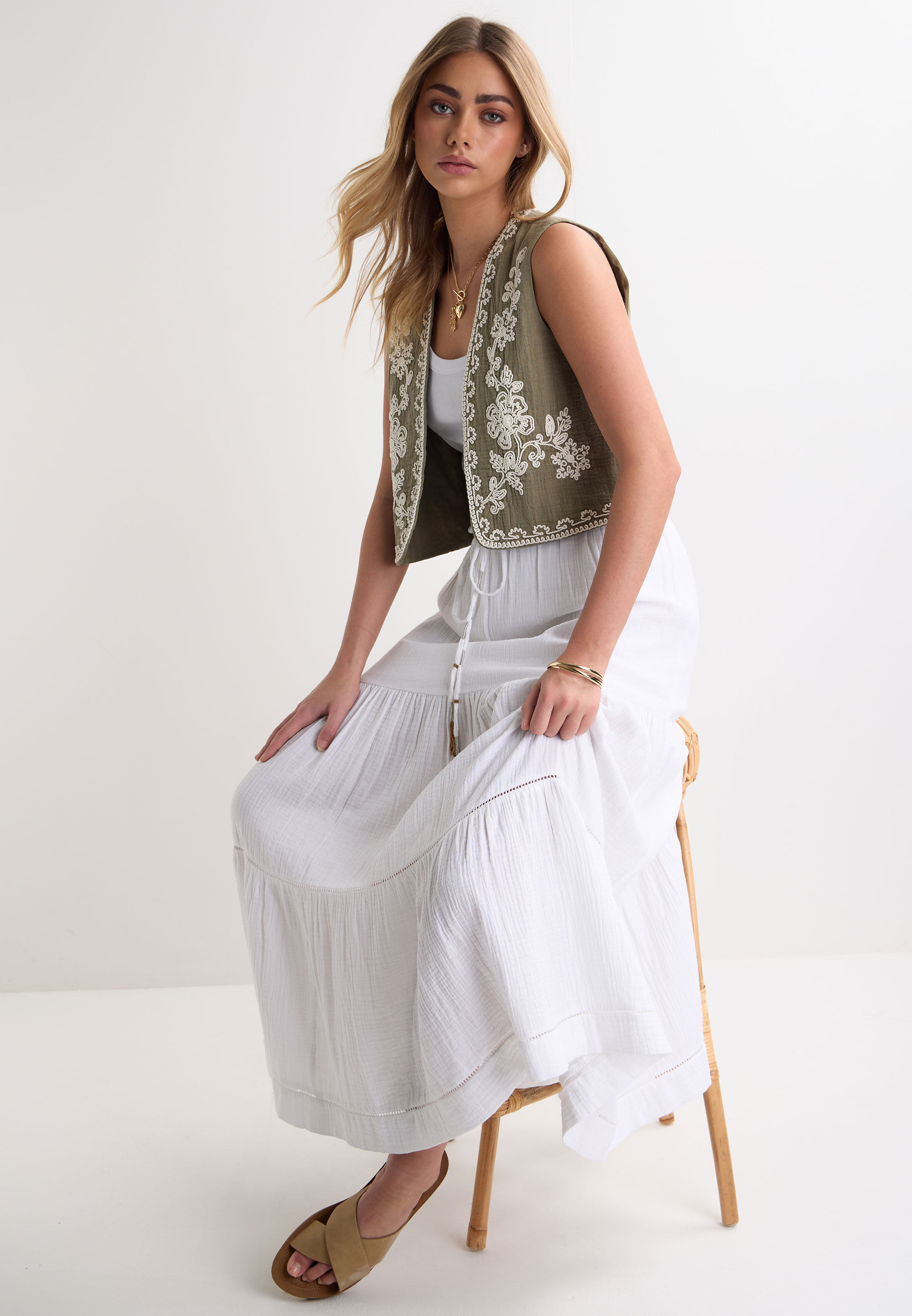 Womens Sage & Cream Embroidered Waistcoat