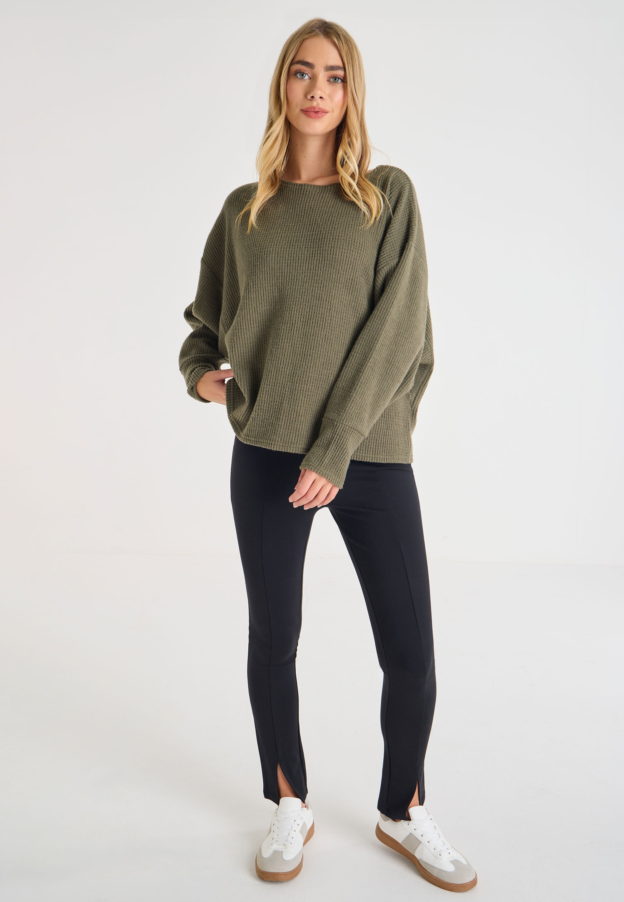 Womens Khaki Cosy Ribbed Batwing Sleeve Top
