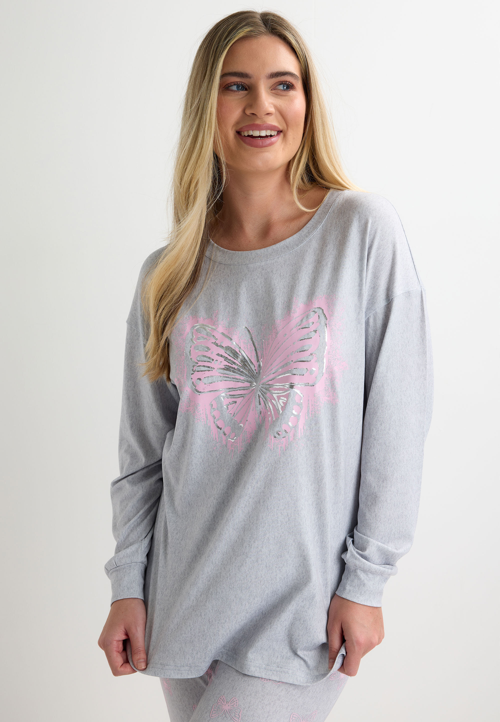 Womens Grey & Pink Butterfly Print Soft Touch Pyjama Set