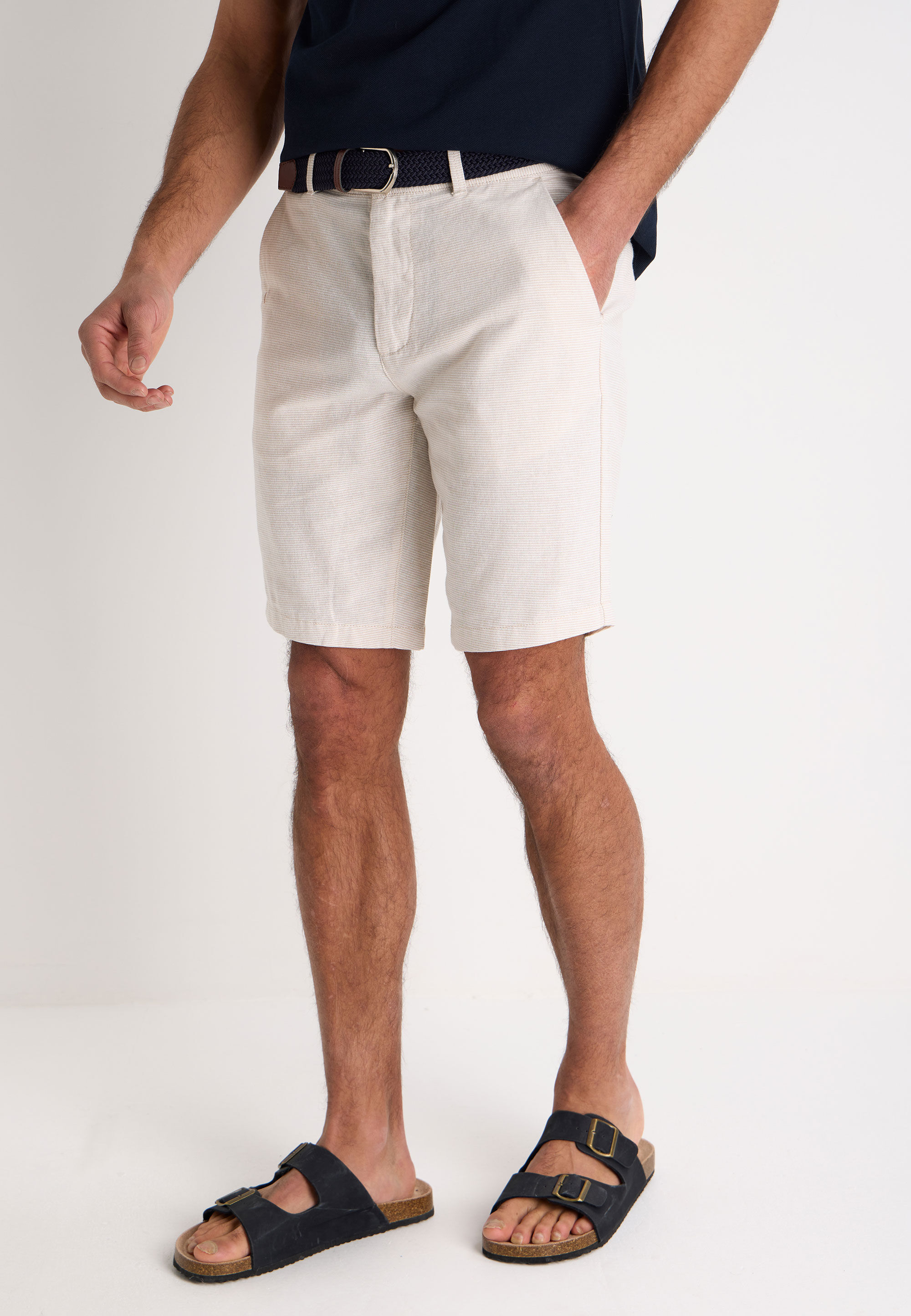 Mens Ecru Linen Blend Belted Shorts
