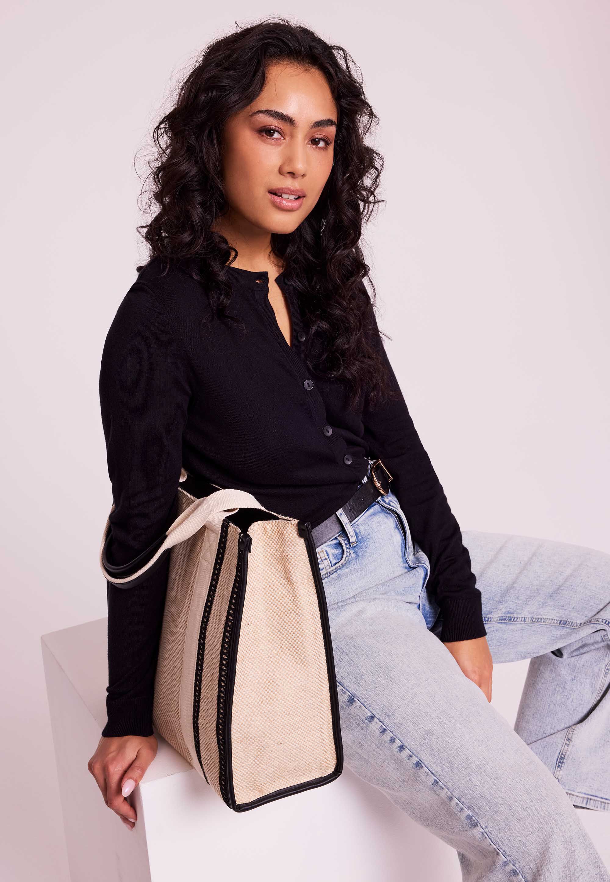 Womens Black Crew Neck Cardigan