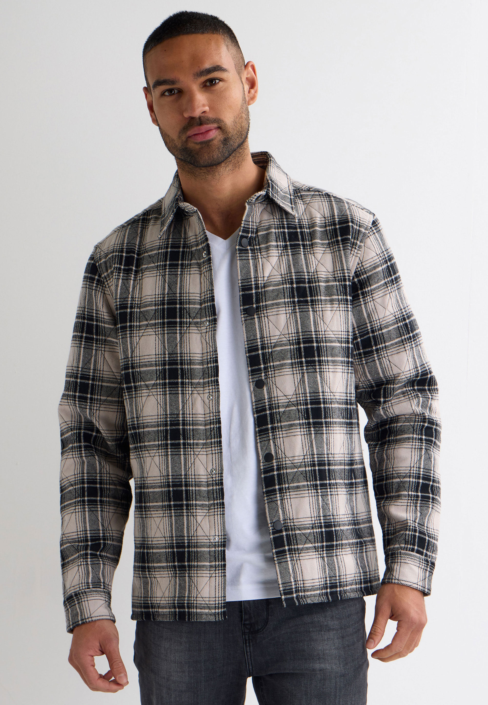 Mens Black & White Check Quilted Shirt Jacket