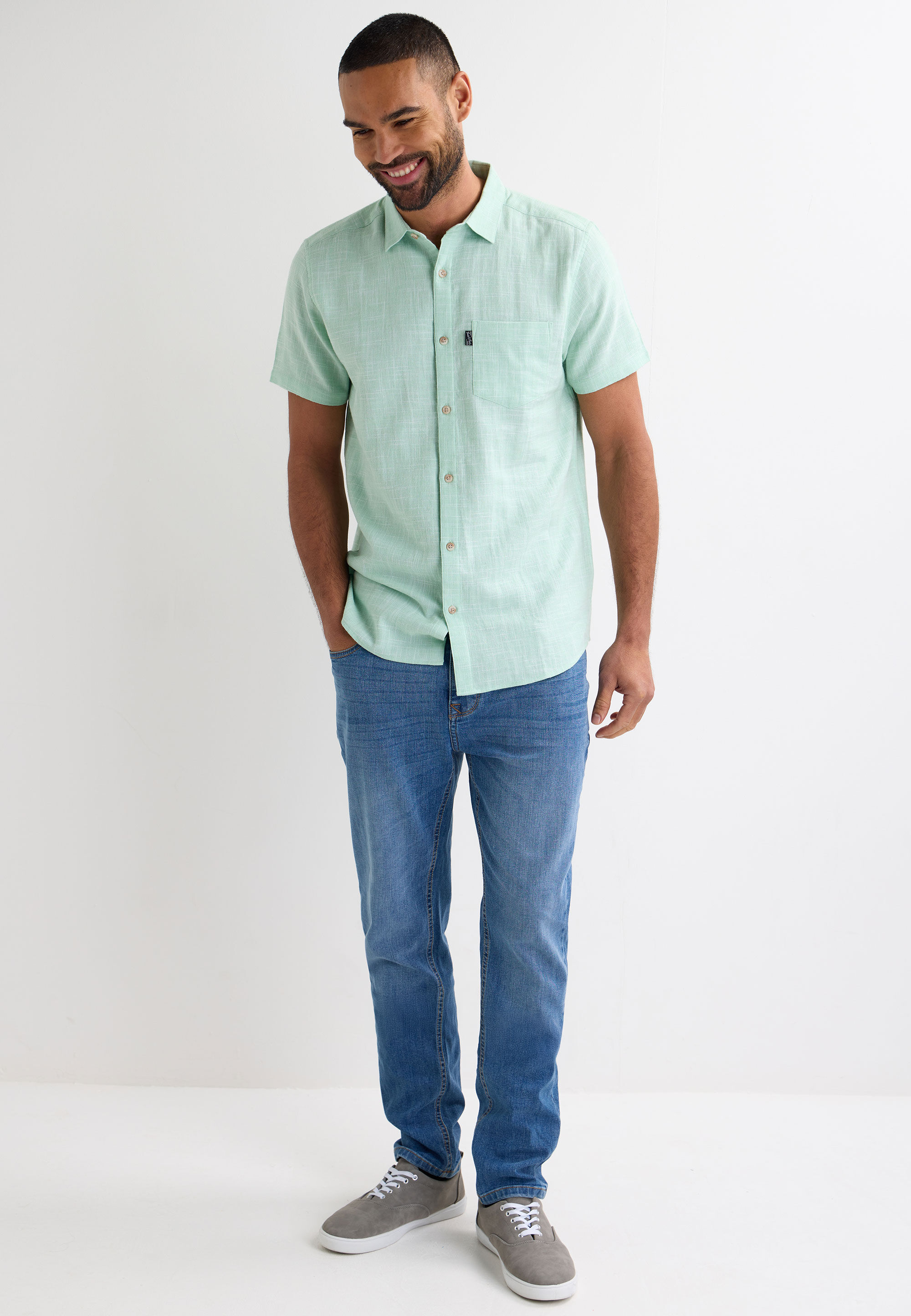 Mens Green Slub Textured Short Sleeve Shirt