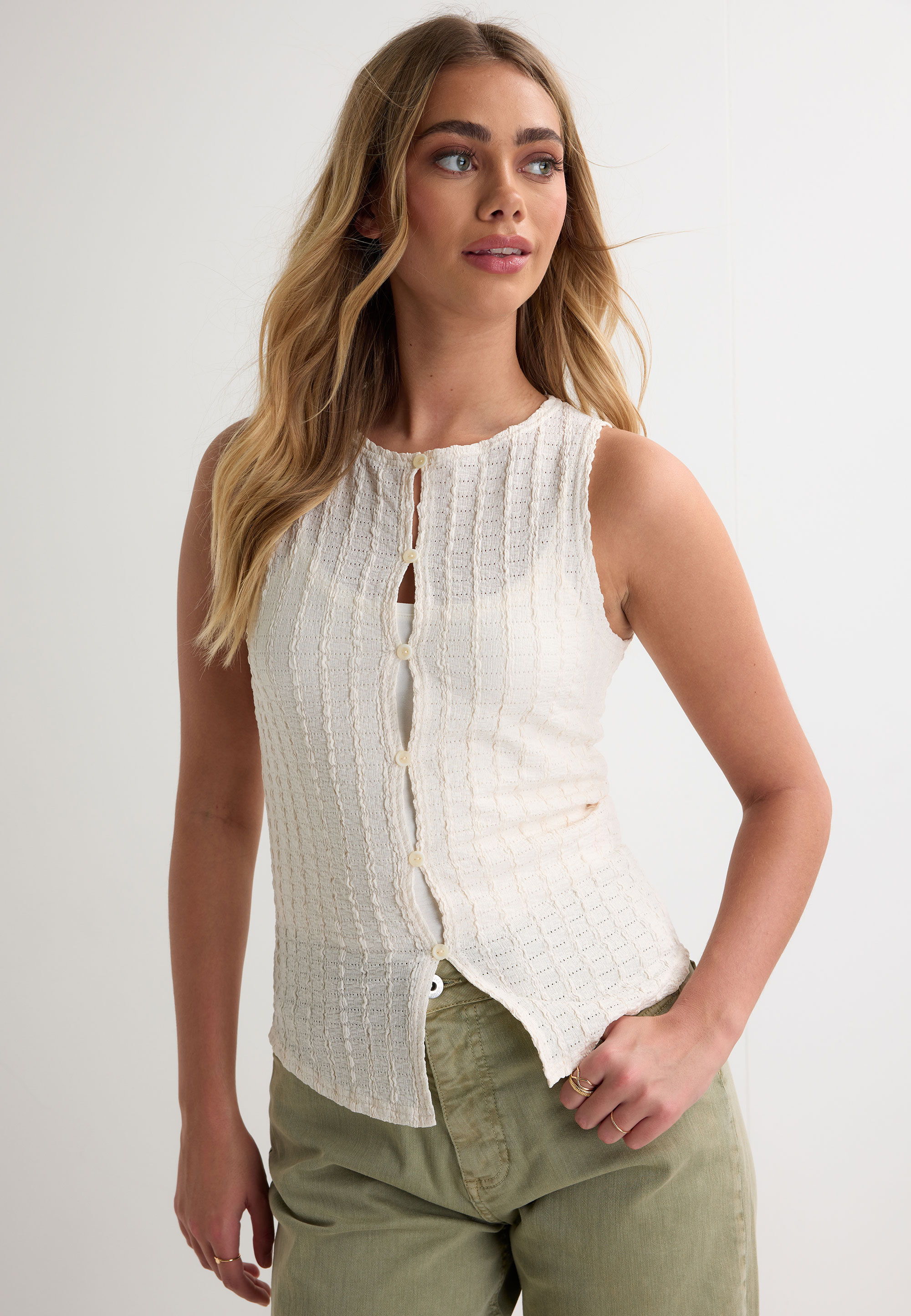 Womens Cream Textured Button Front Top