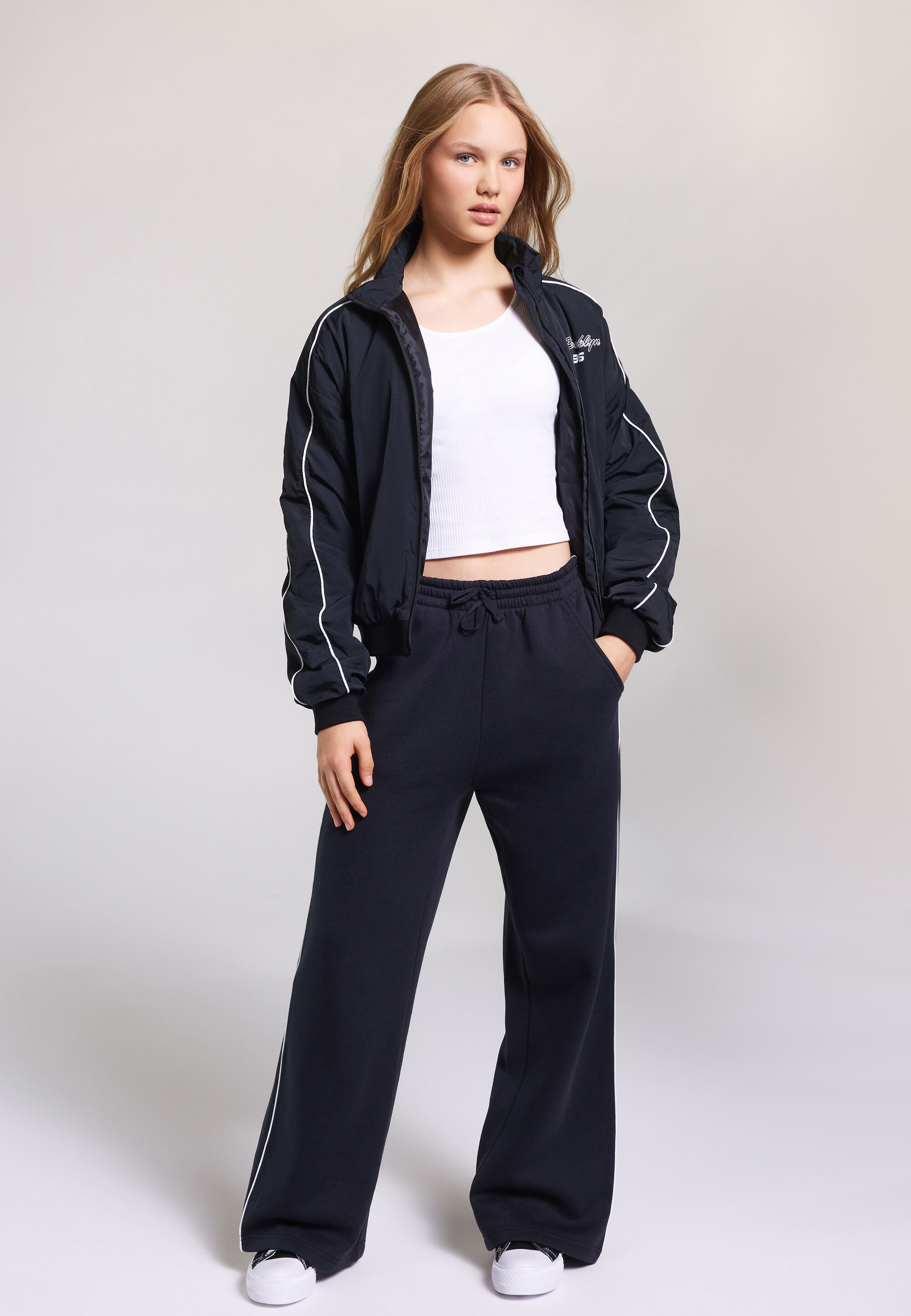 Older Girls Black & White Piped Zip Through Jacket