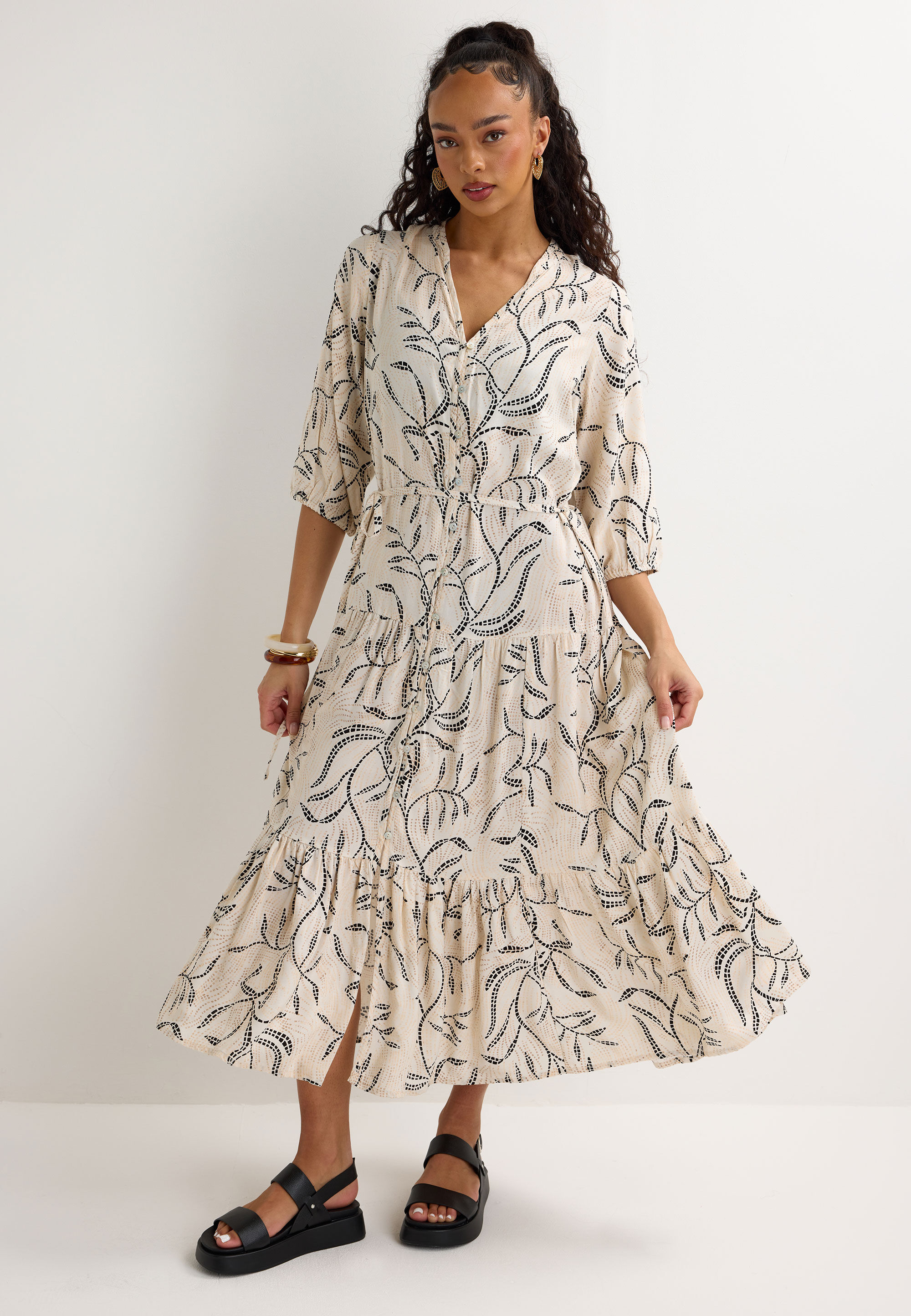 Womens Cream Leaf Print Prairie Dress