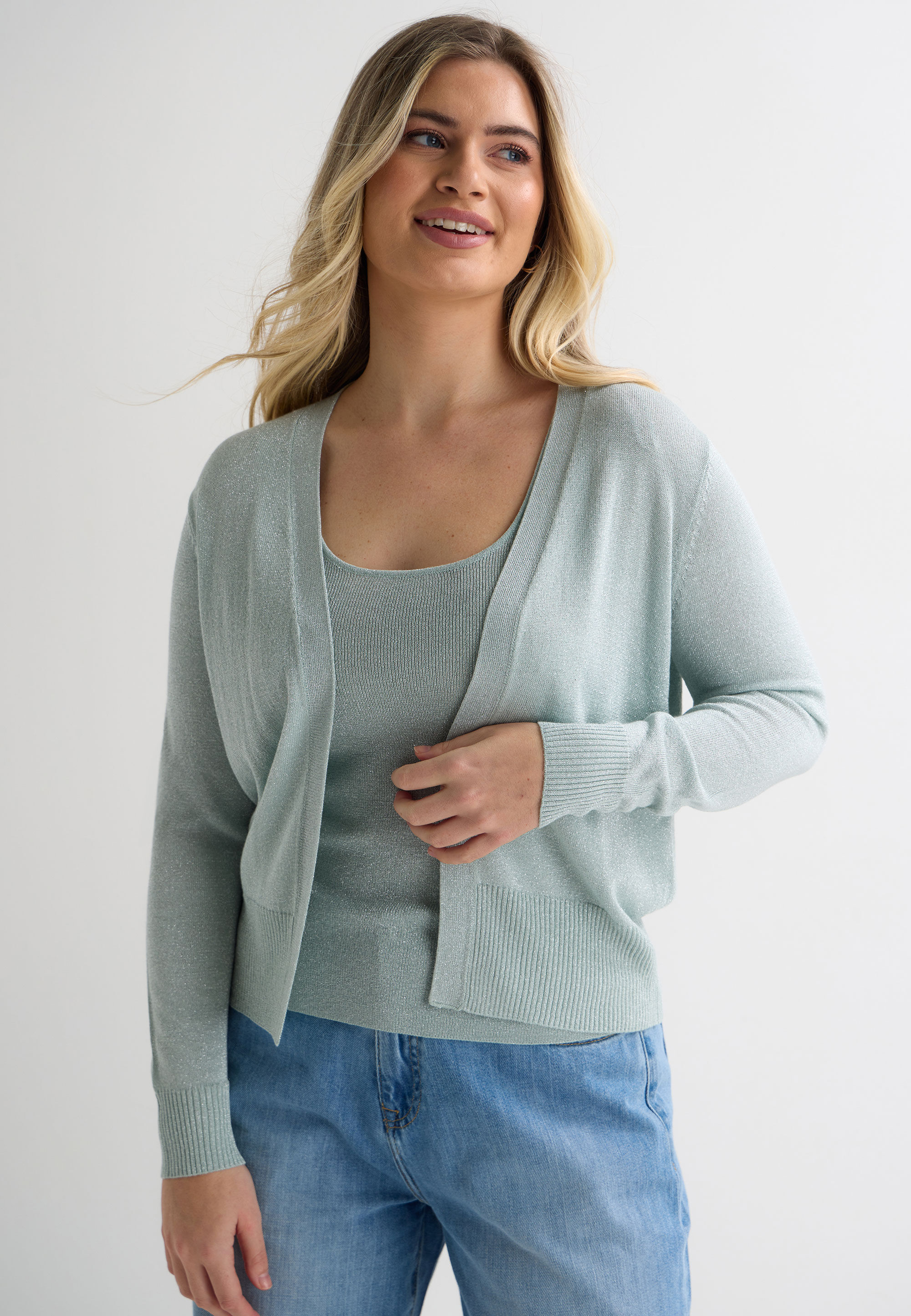 Womens Sage Lurex Knit Cardigan