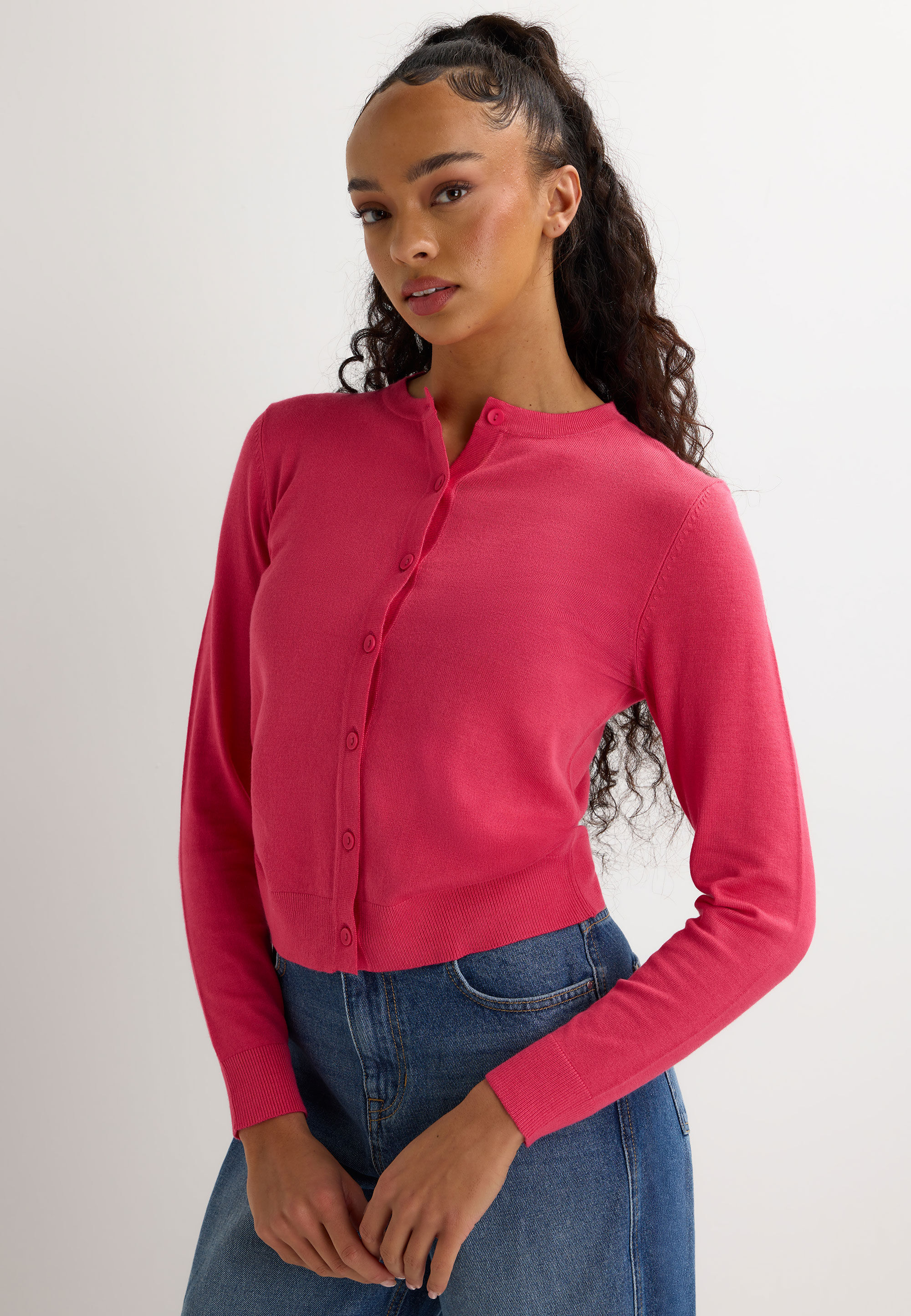 Womens Pink Plain Crew Neck Cardigan