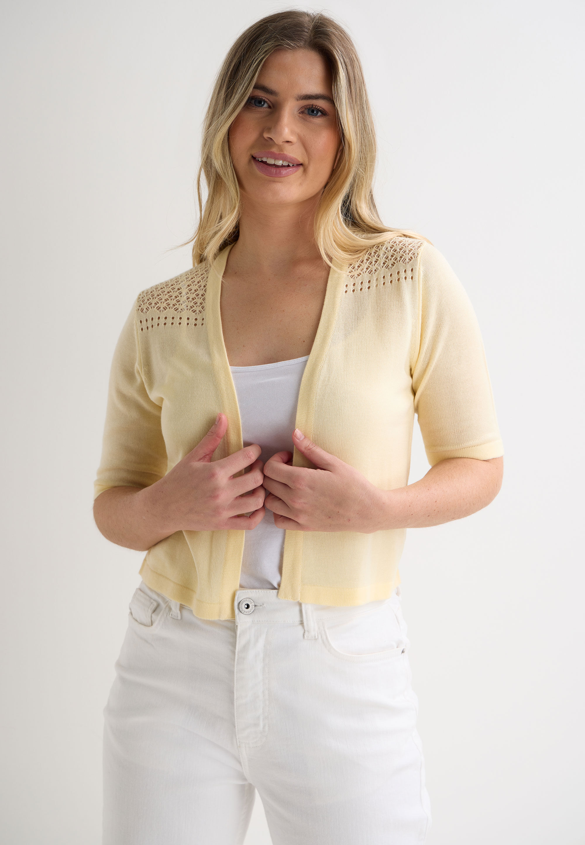 Womens Buttermilk Yellow Crochet Knit Cardigan