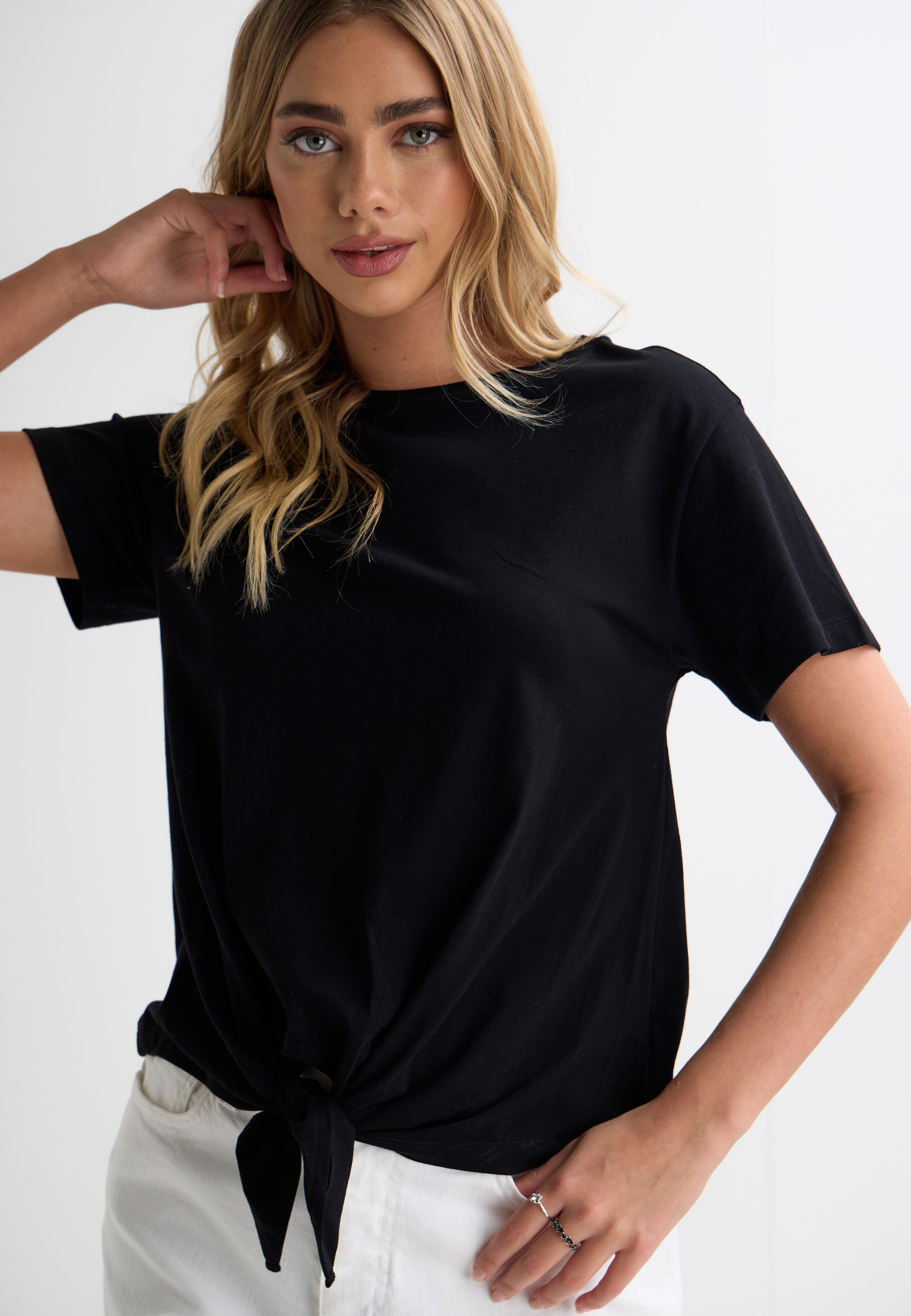 Womens Black Plain Front Knot T-Shirt