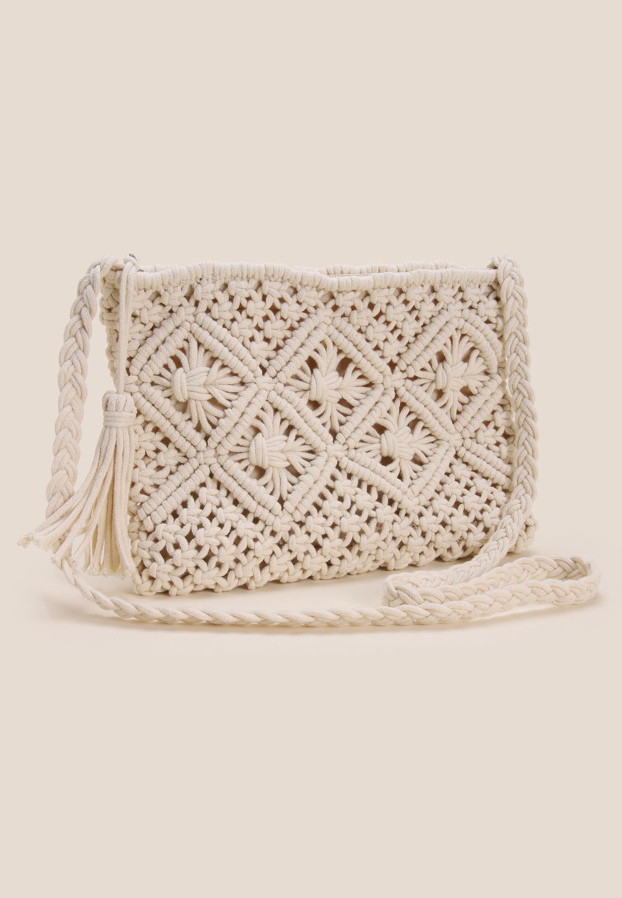 Womens Cream Cotton Crochet Cross Body Bag