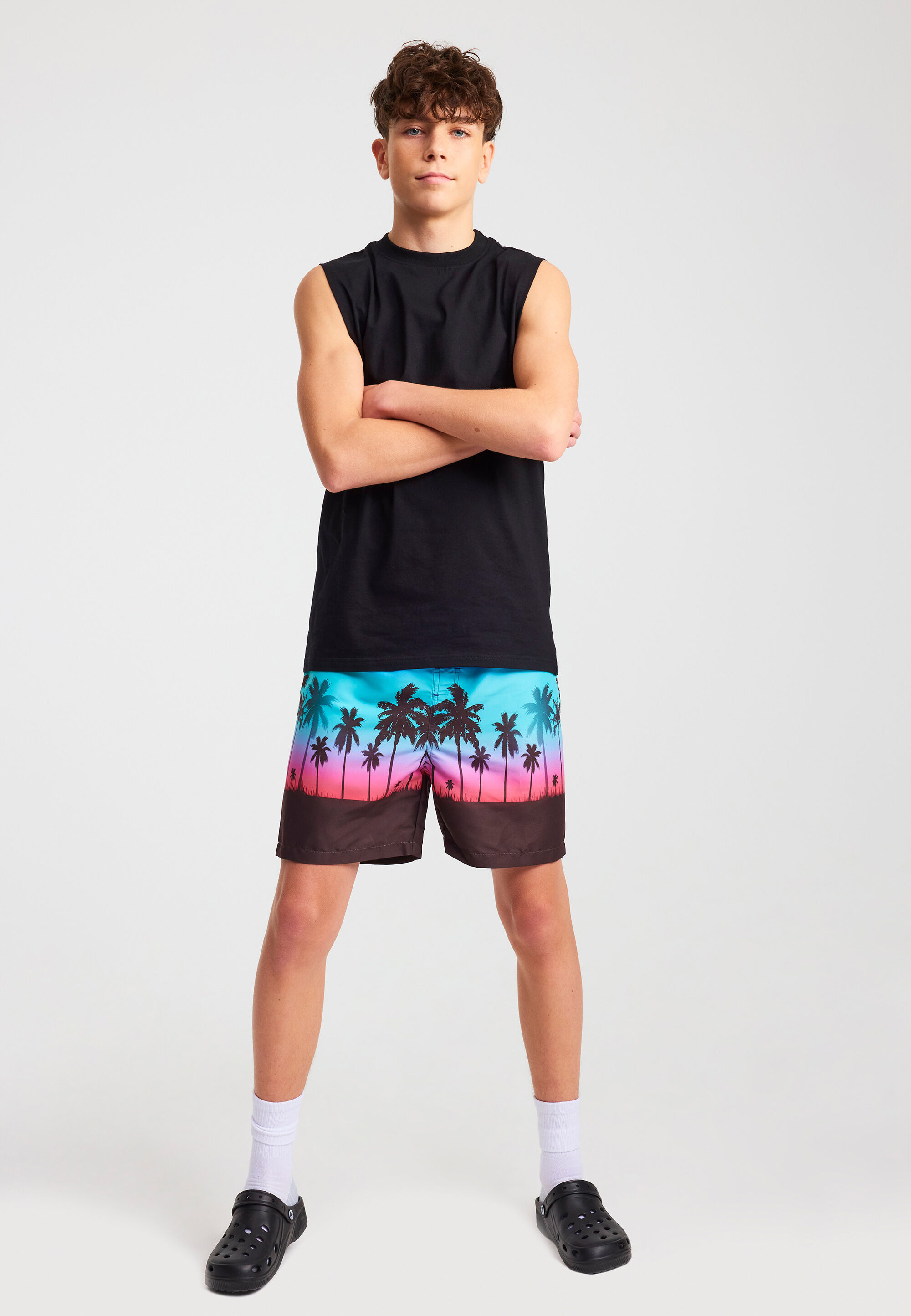 Older Boy Black Palm Tree Swim Short