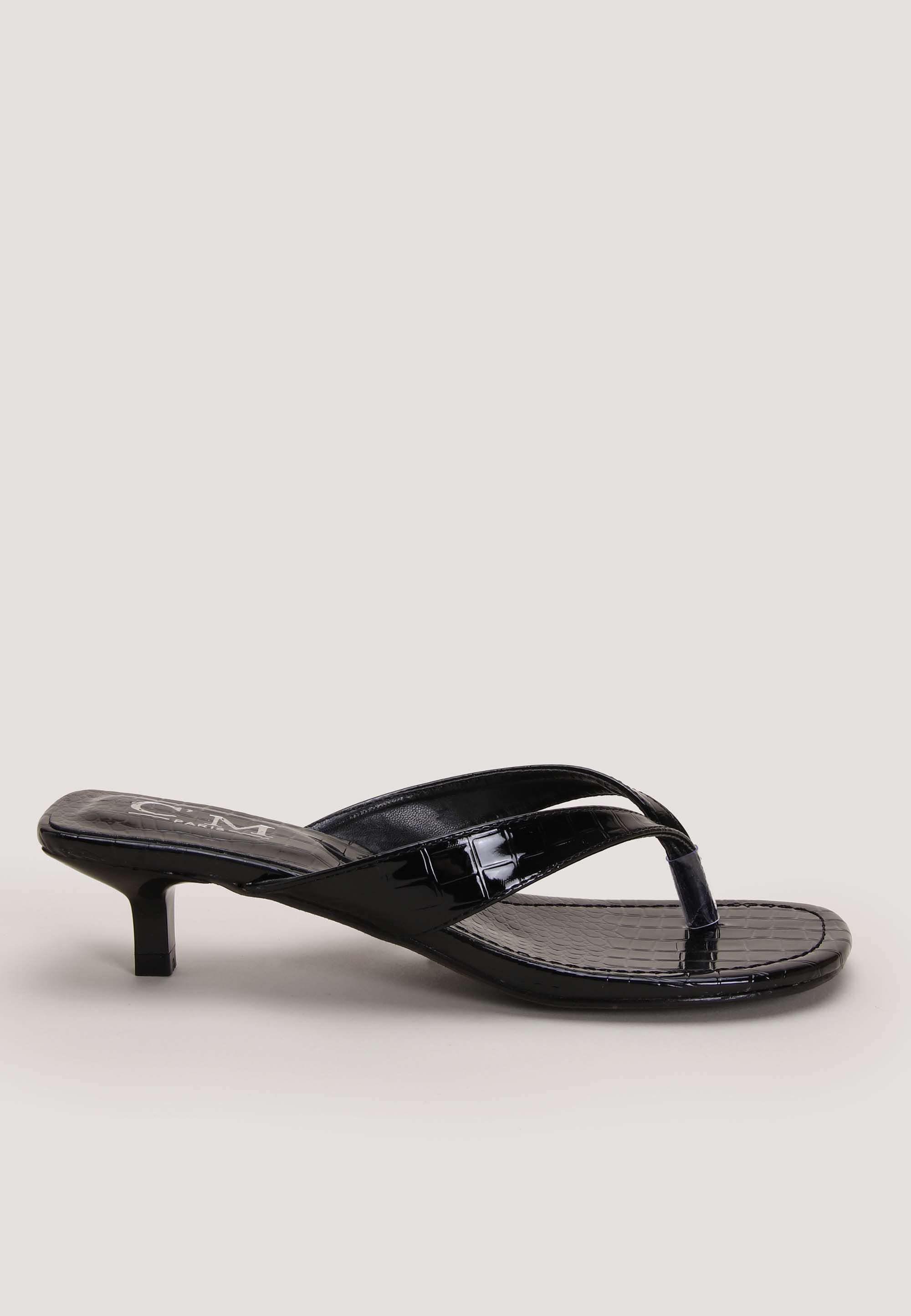 Womens Black Croc Toe Post Kitten Heel Sandal