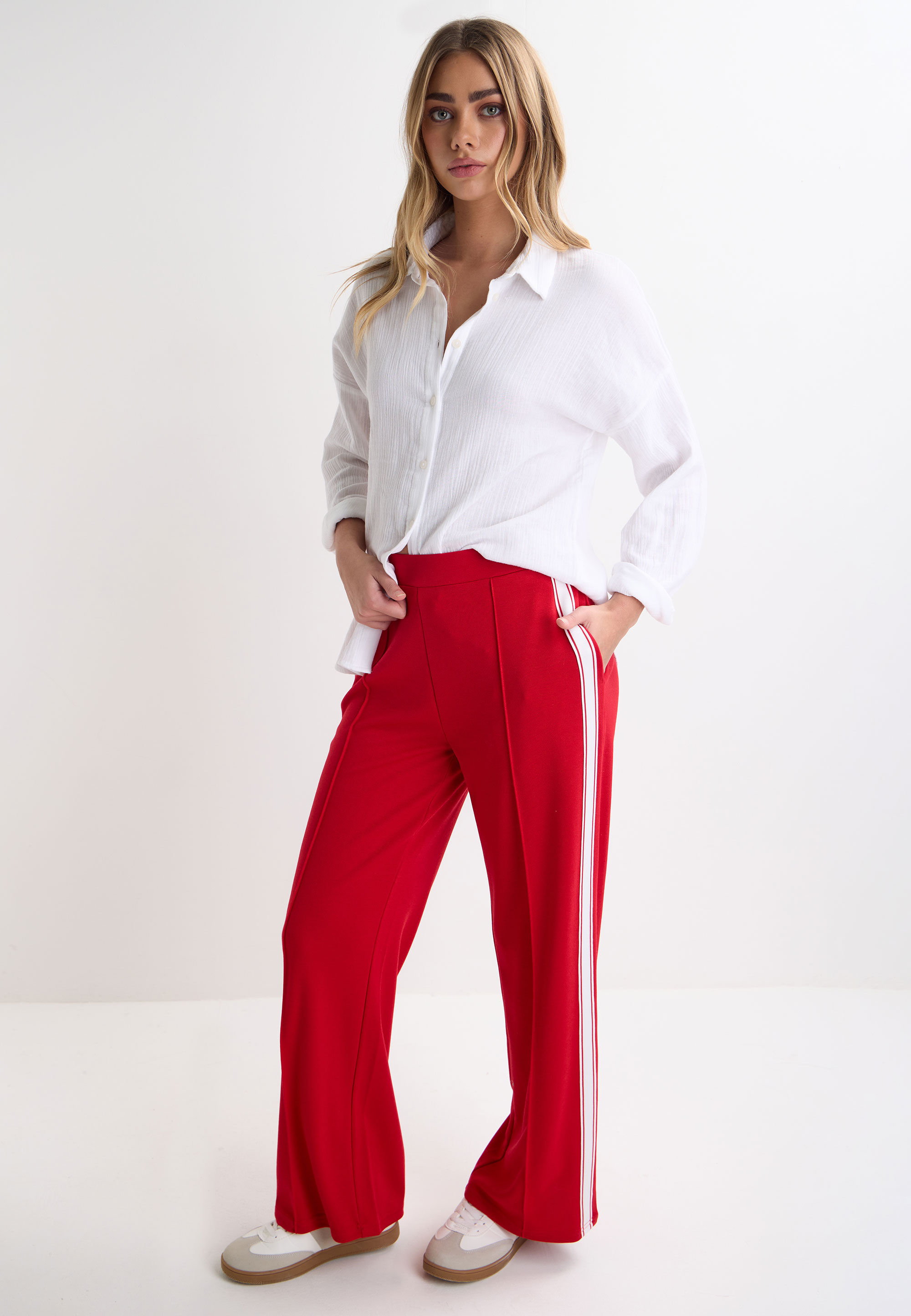 Womens Red & White Stripe Wide Leg Trousers