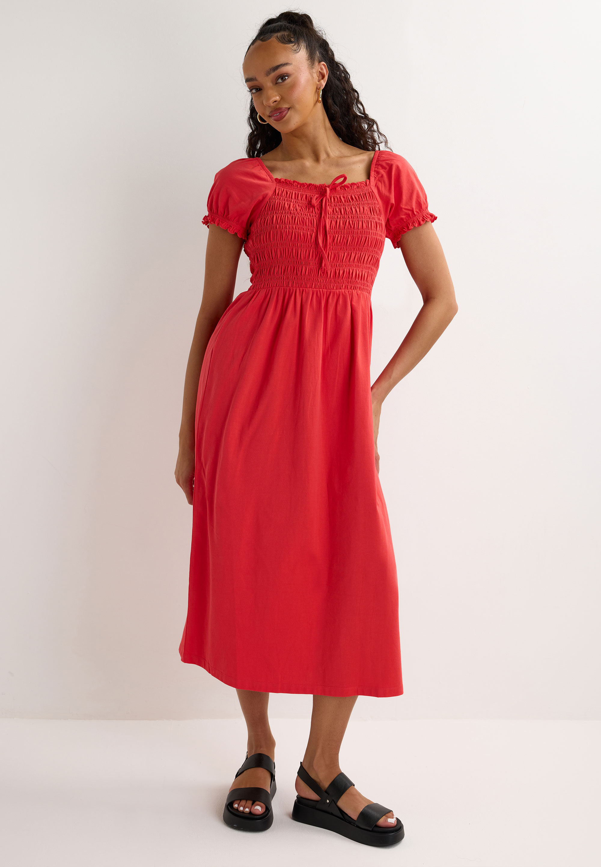Womens Red Shirred Milkmaid Tie Detail Midi Dress