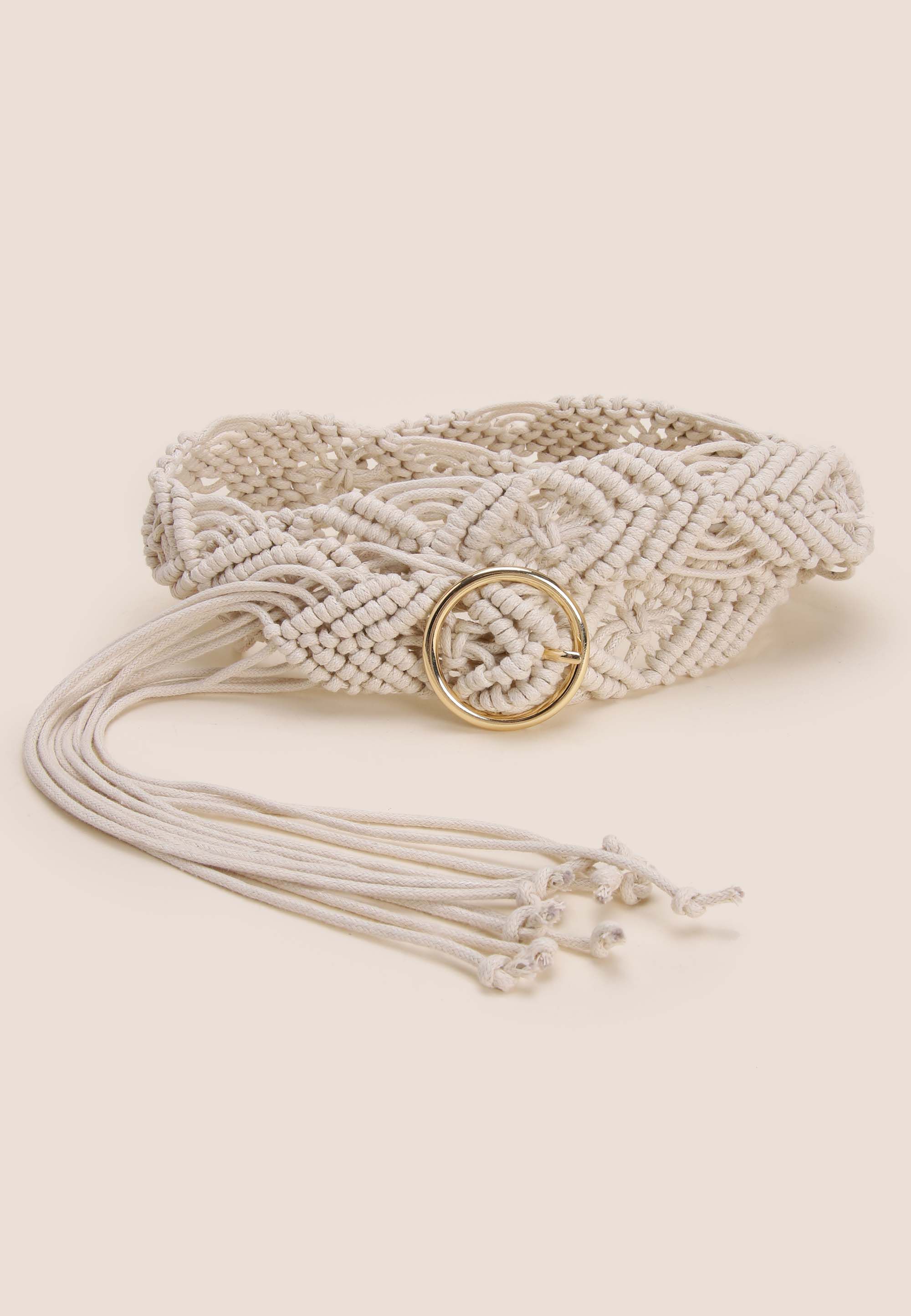 Womens Cream Crochet Tassel Belt