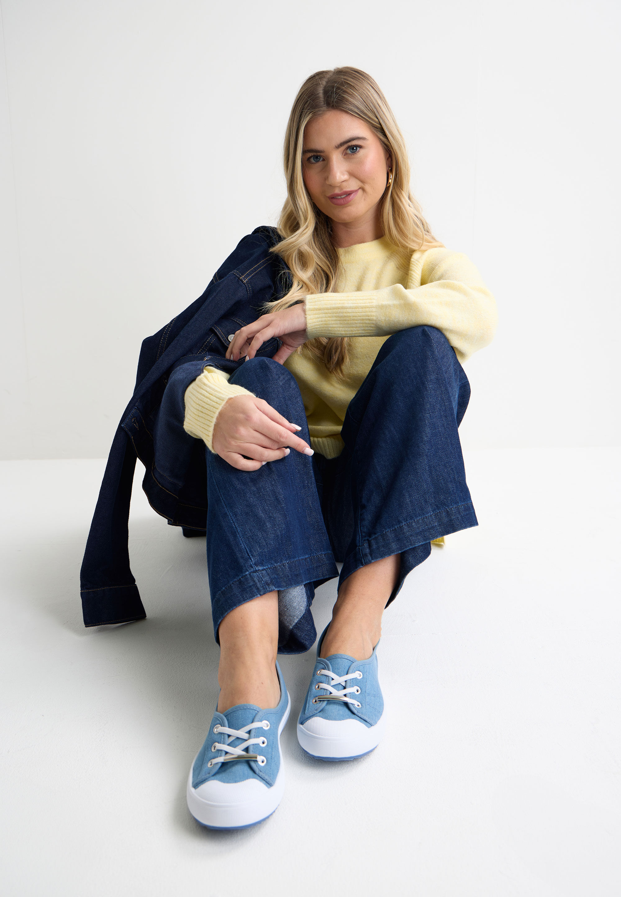 Womens Blue Denim Look Lace Up Trainers