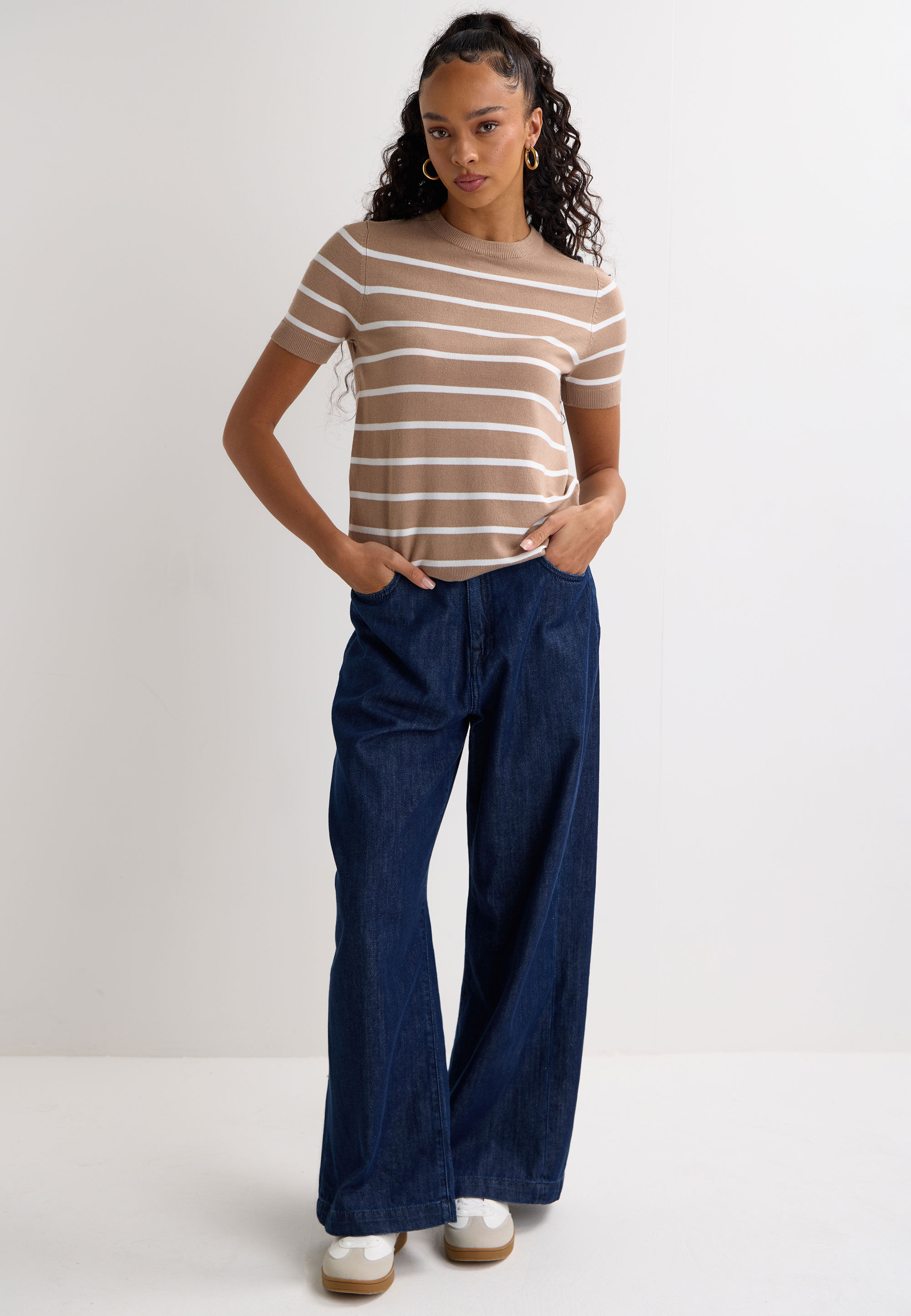 Womens Oatmeal Stripe Short Sleeve Jumper