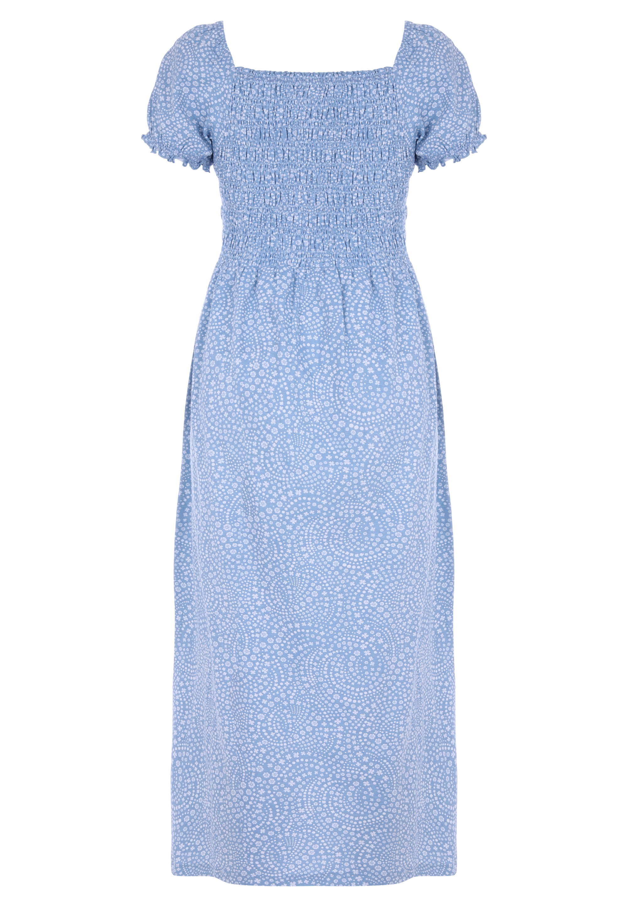 Womens Blue Floral Milkmaid Shirred Tie Detail Midi Dress