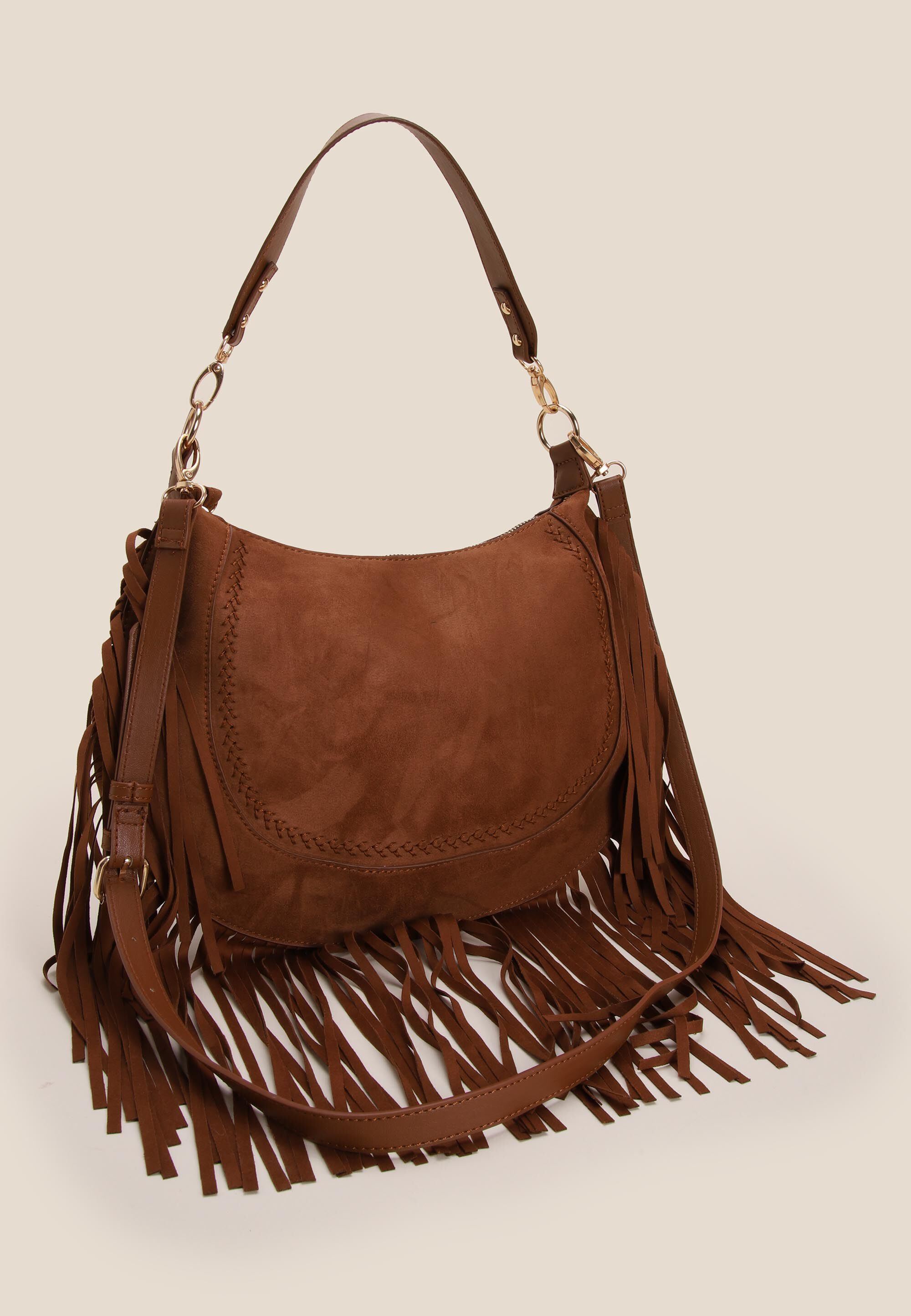 Womens Brown Western Fringe Suedette Shoulder Bag