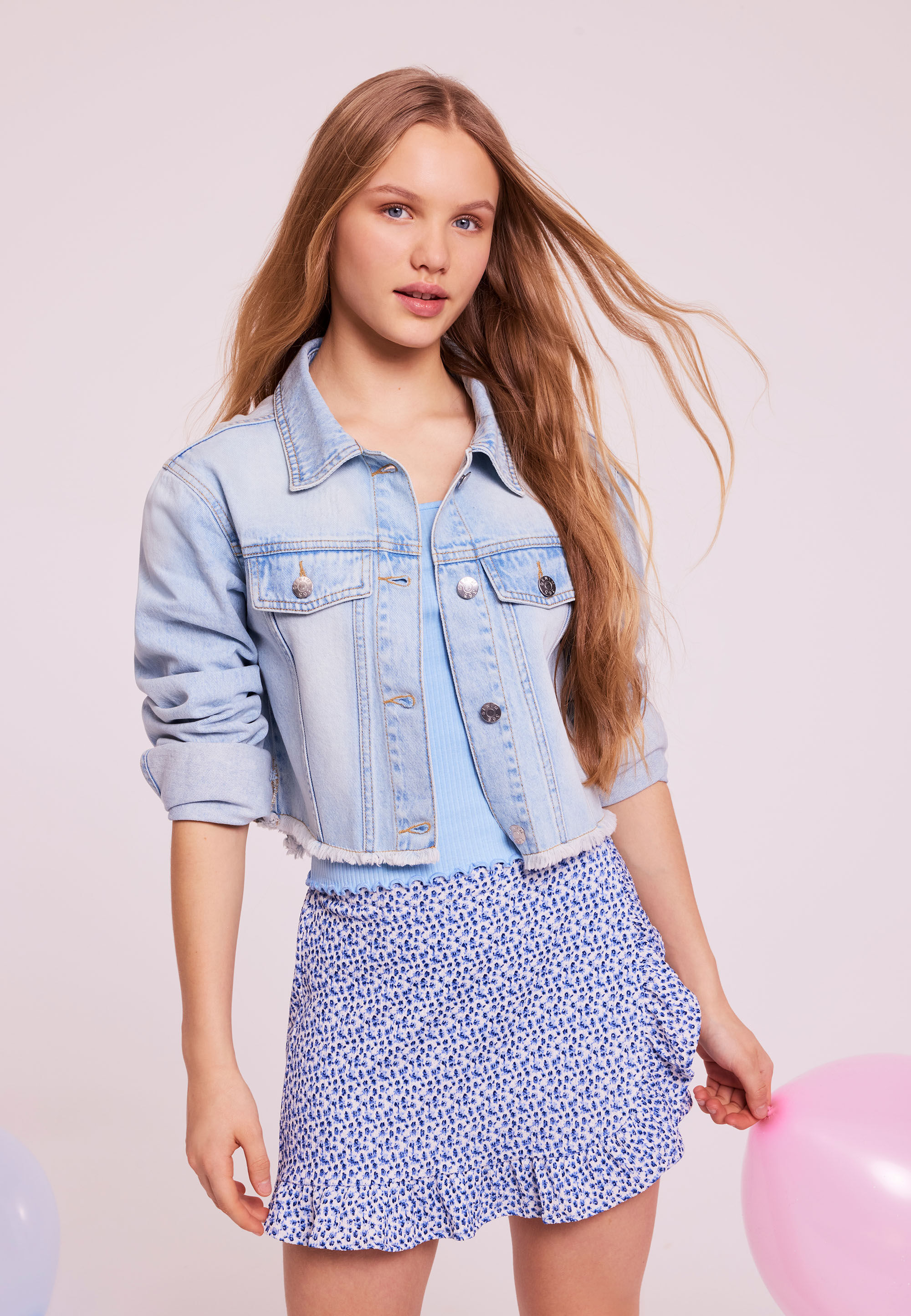 Older Girls Blue Crop Frayed Denim Jacket