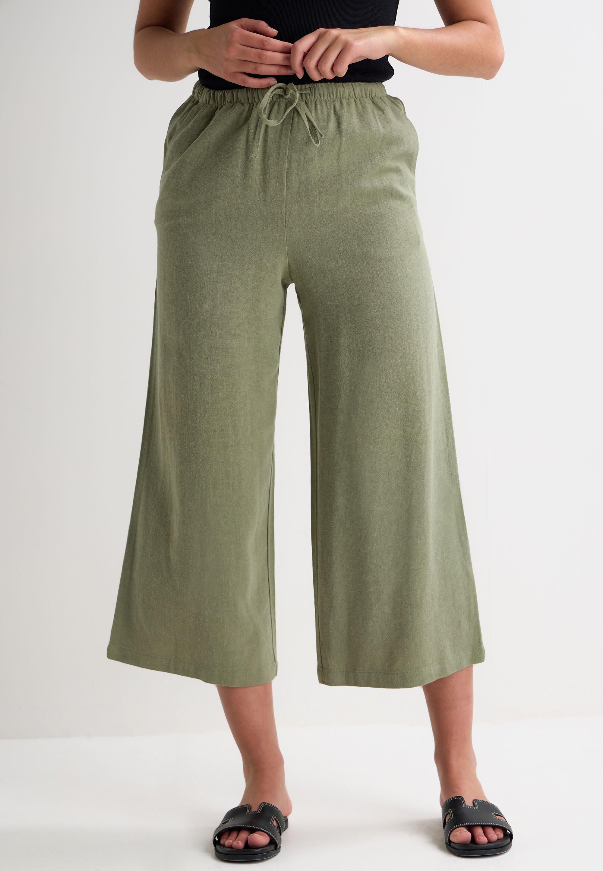 Womens Khaki Plain Linen Culotte Trousers
