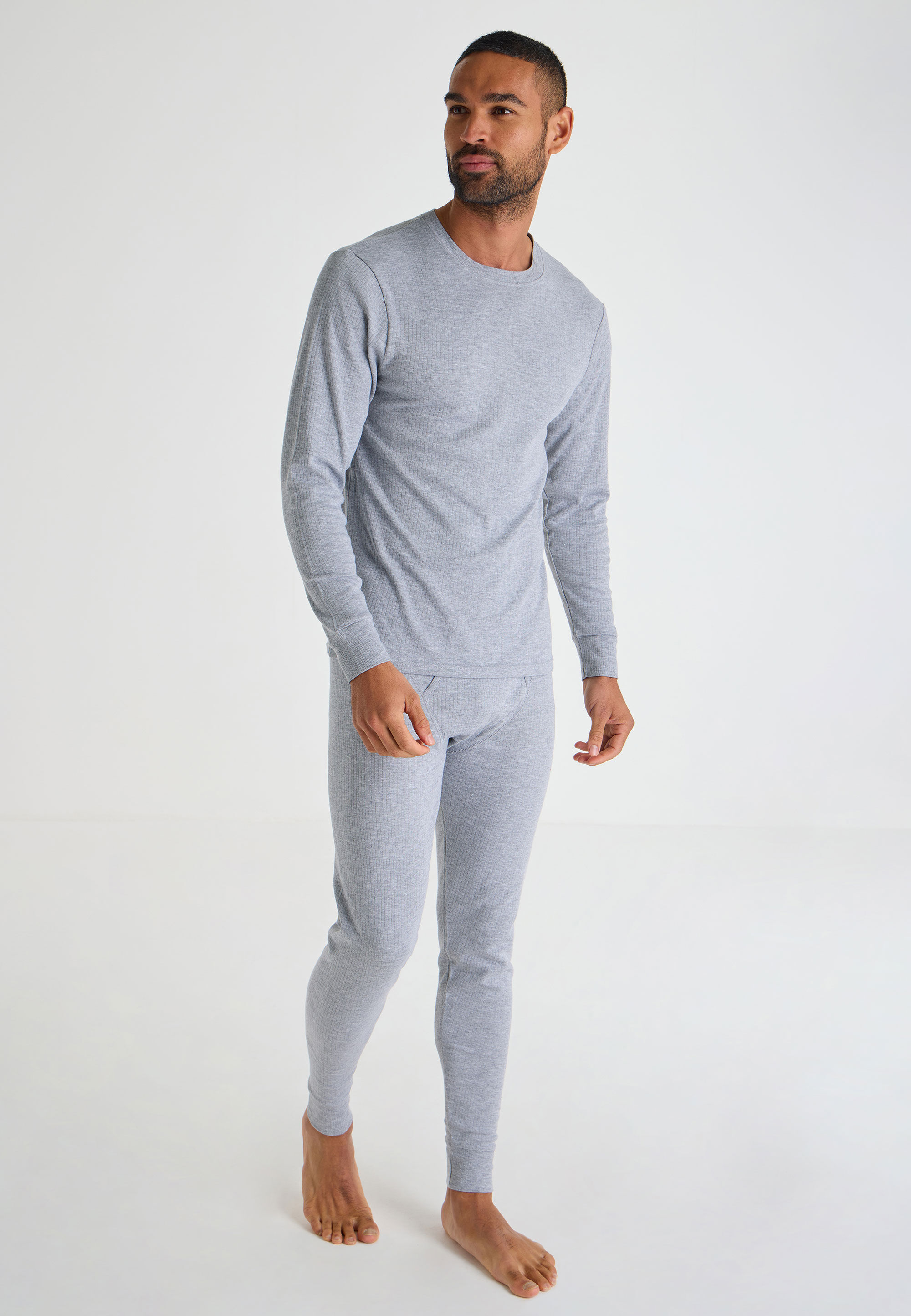 Mens Grey Thermal Ribbed Long Sleeve Top