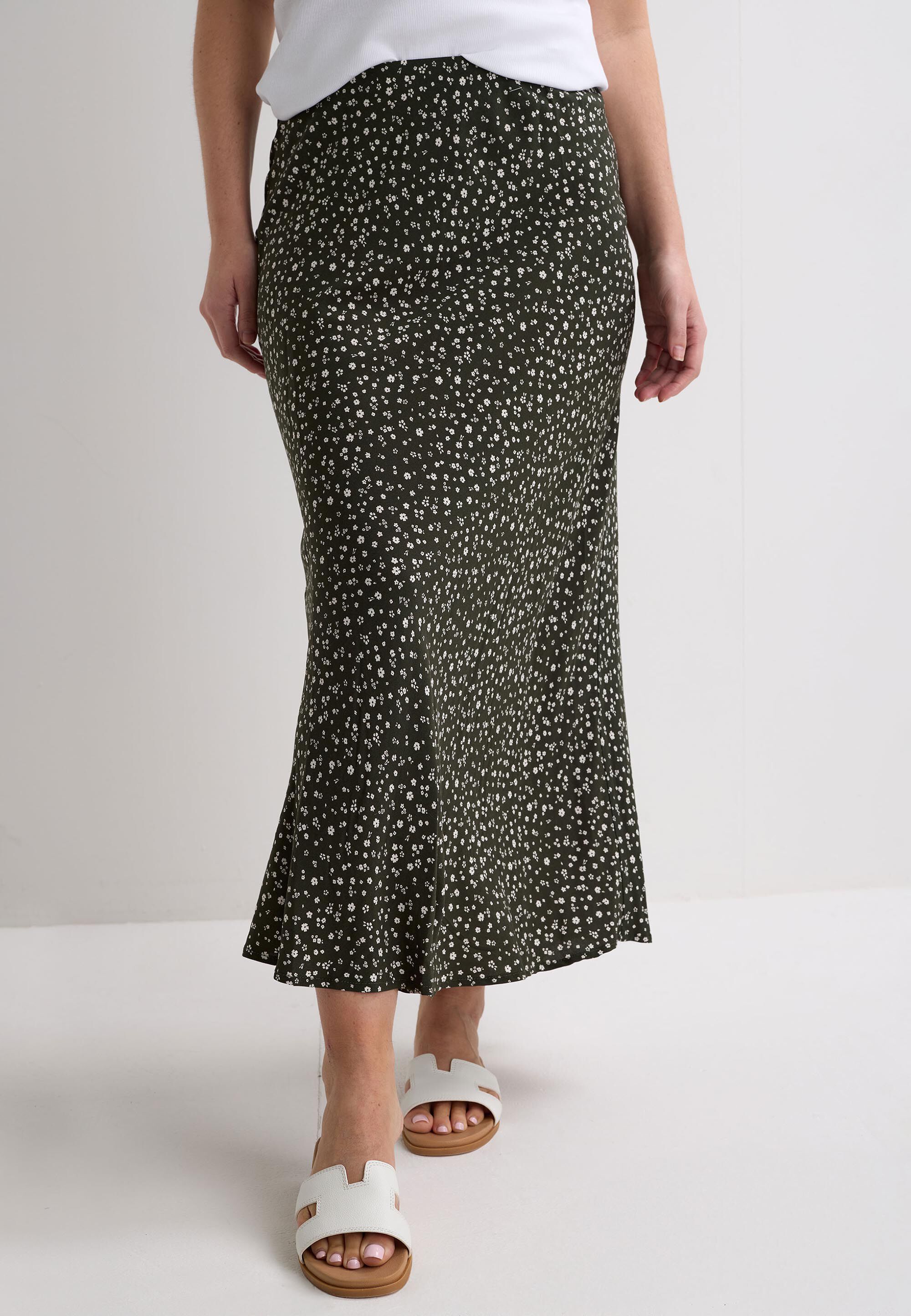 Womens Khaki & Cream Ditsy Print Midi Skirt