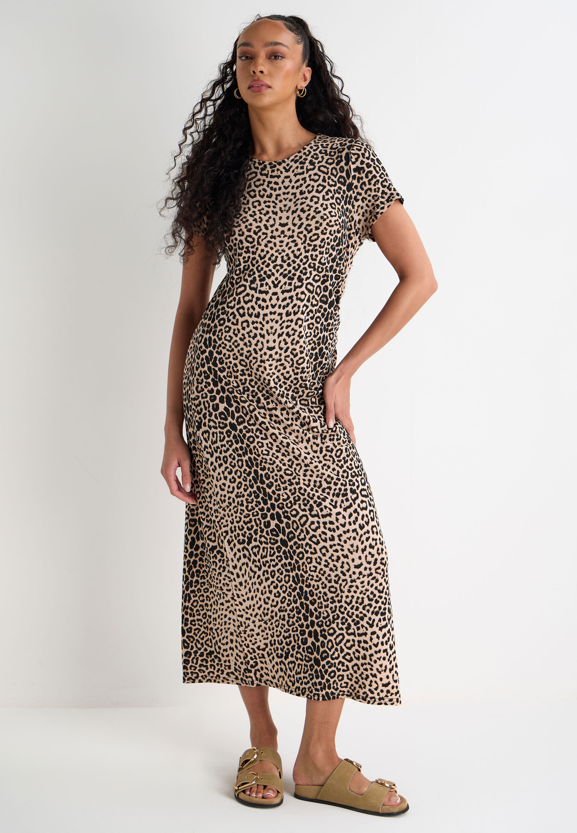 Womens Brown Animal Print Ruched Sides Midi Dress