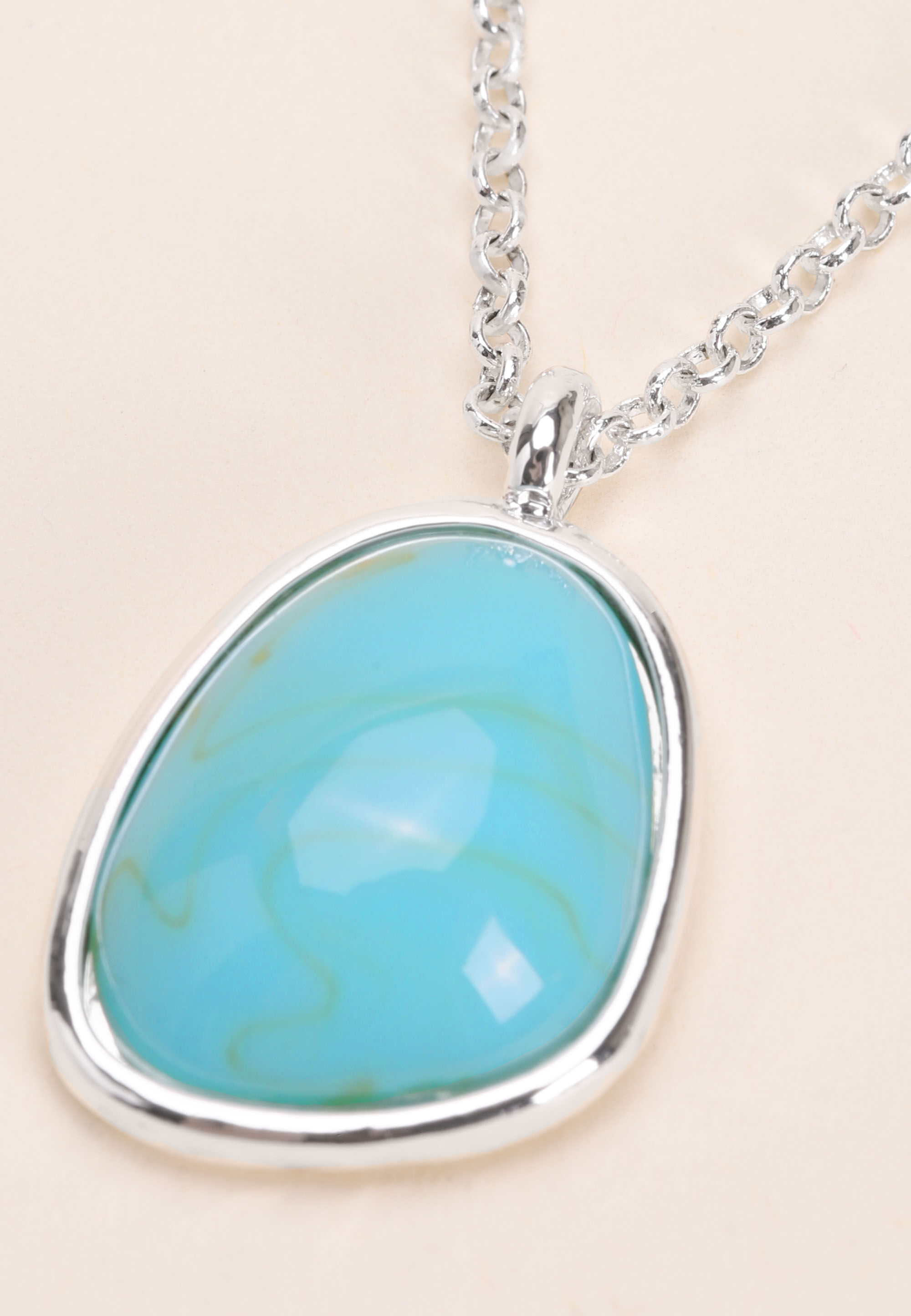 Womens 3 Row Silver & Turquoise Stone Drop Necklace