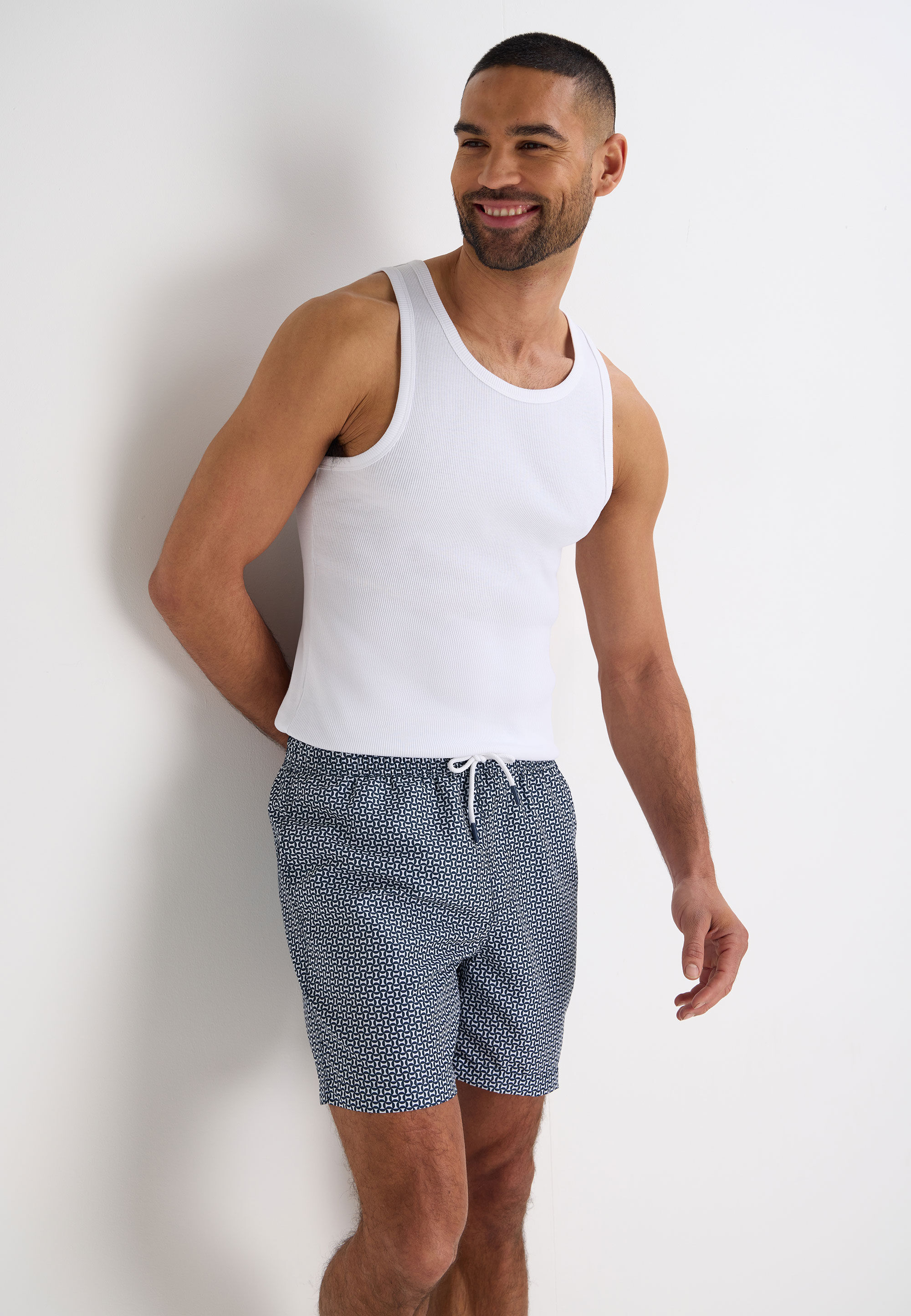 Mens Navy & White Geometric Print Swim Shorts