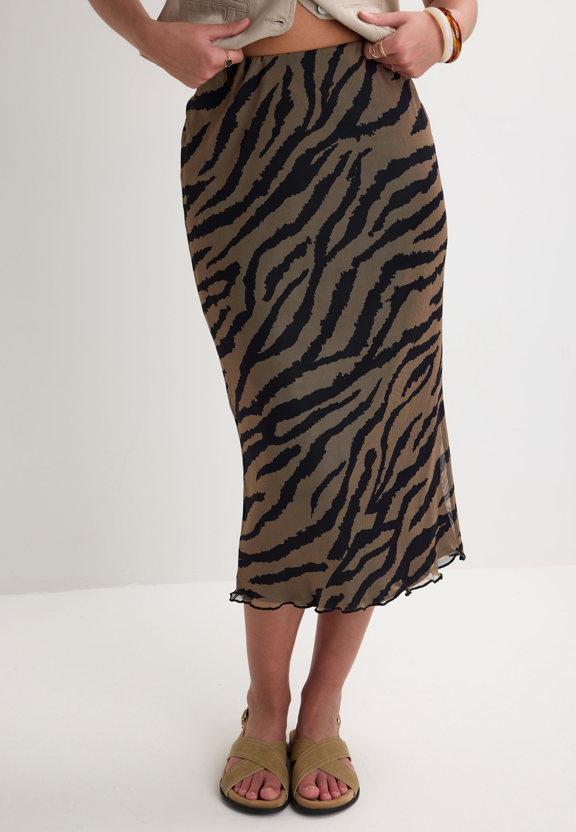 Womens Brown Animal Print Mesh Midi Skirt