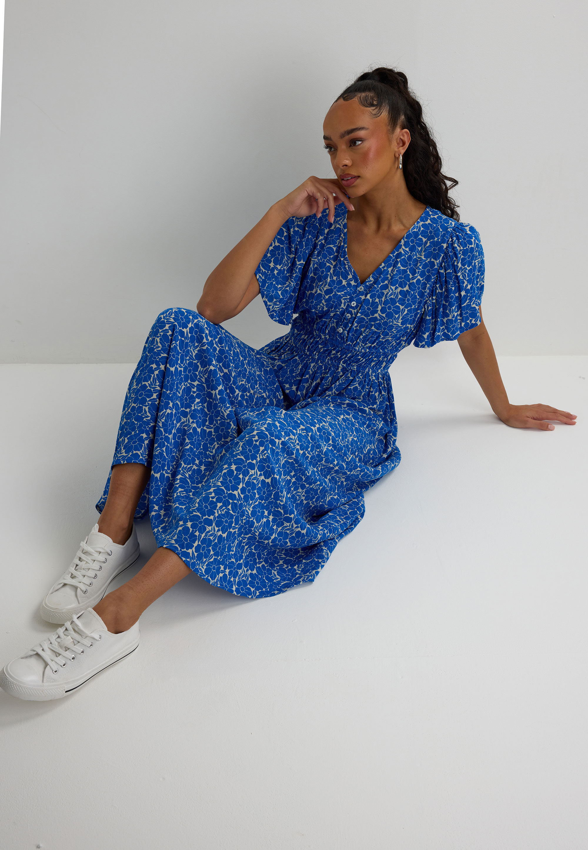 Womens Blue Floral Print High Low Hem Dress