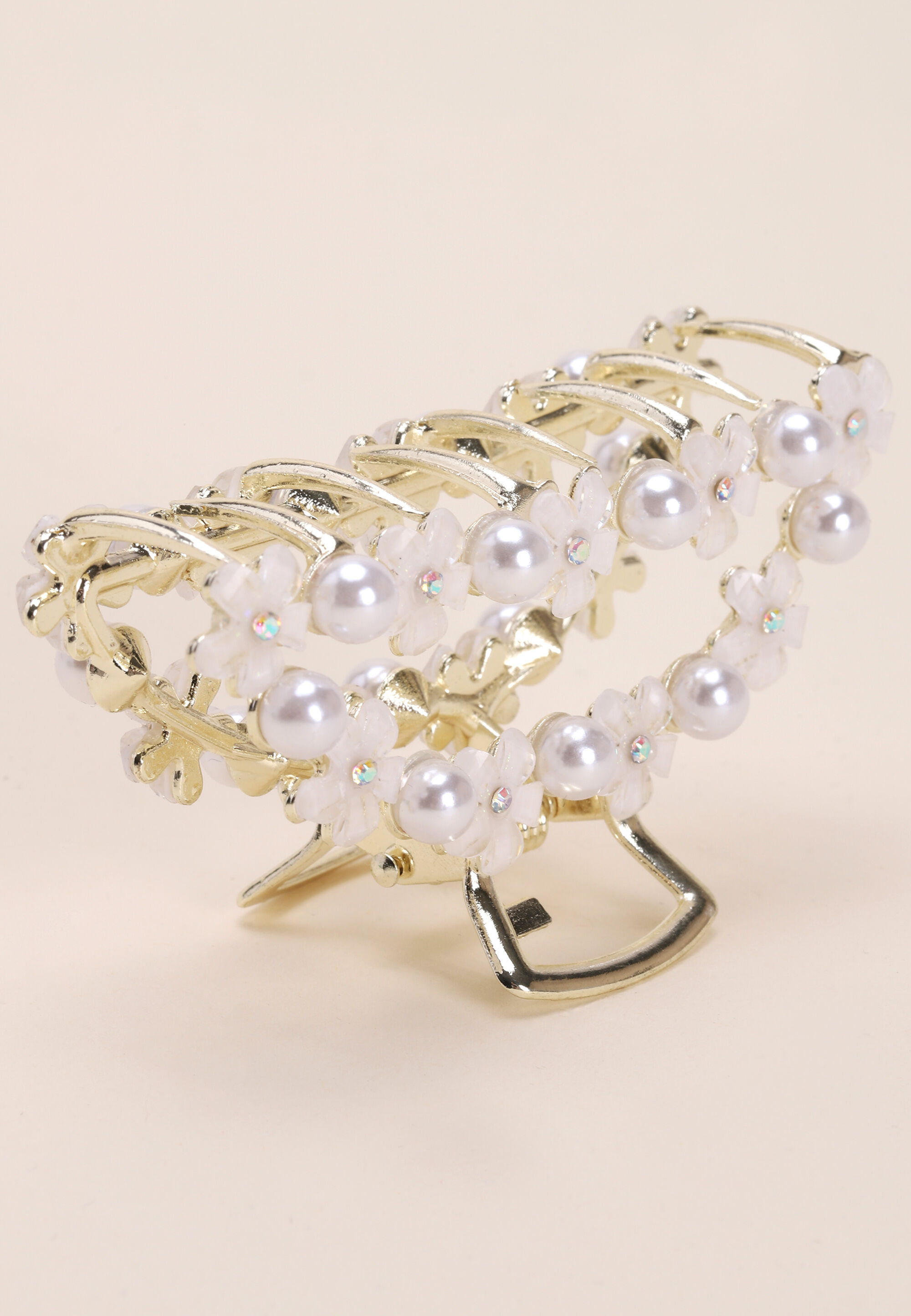 Womens Gold & Pearl Flower Claw Hair Clip