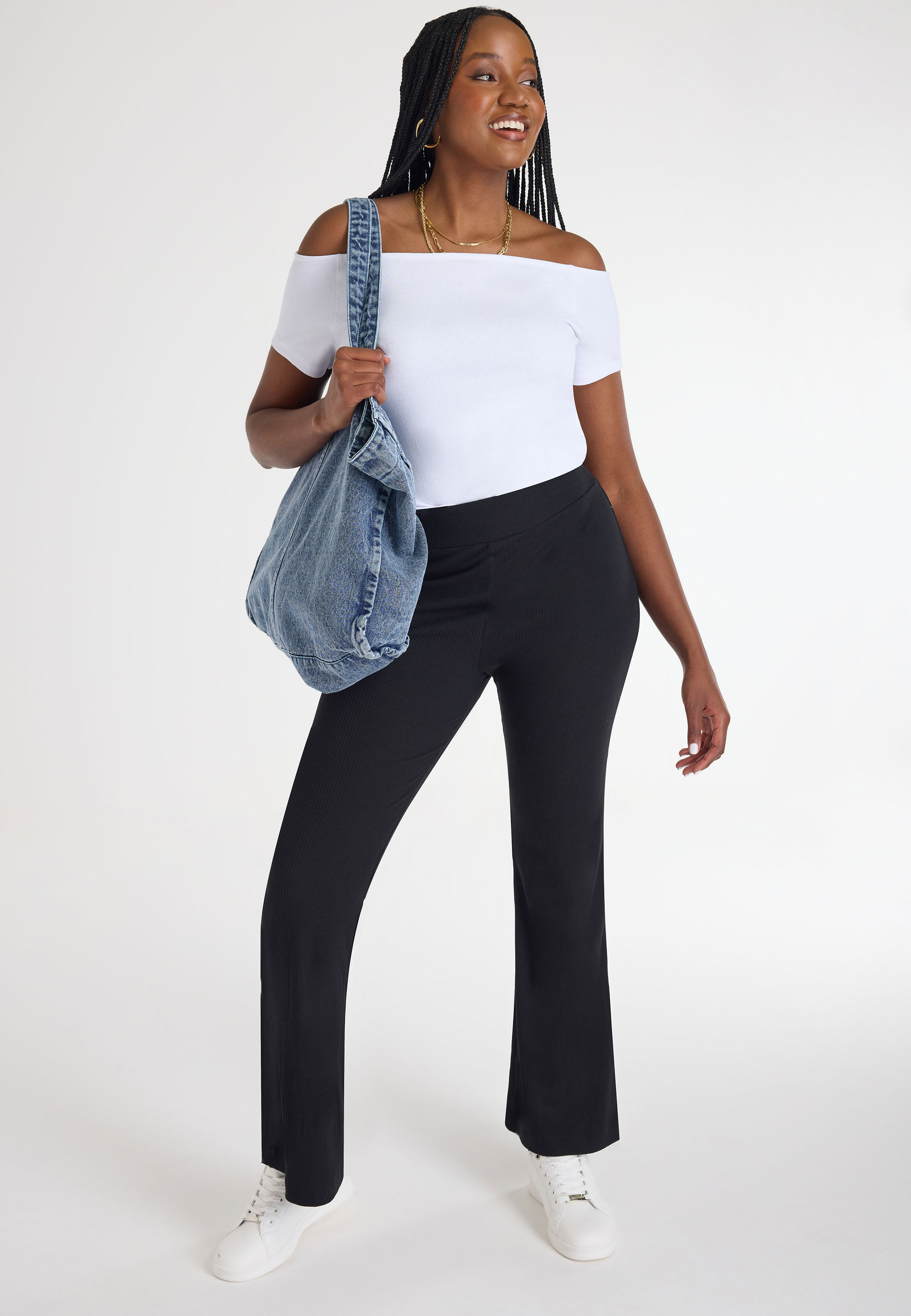 Womens Black Ribbed Flare Trousers