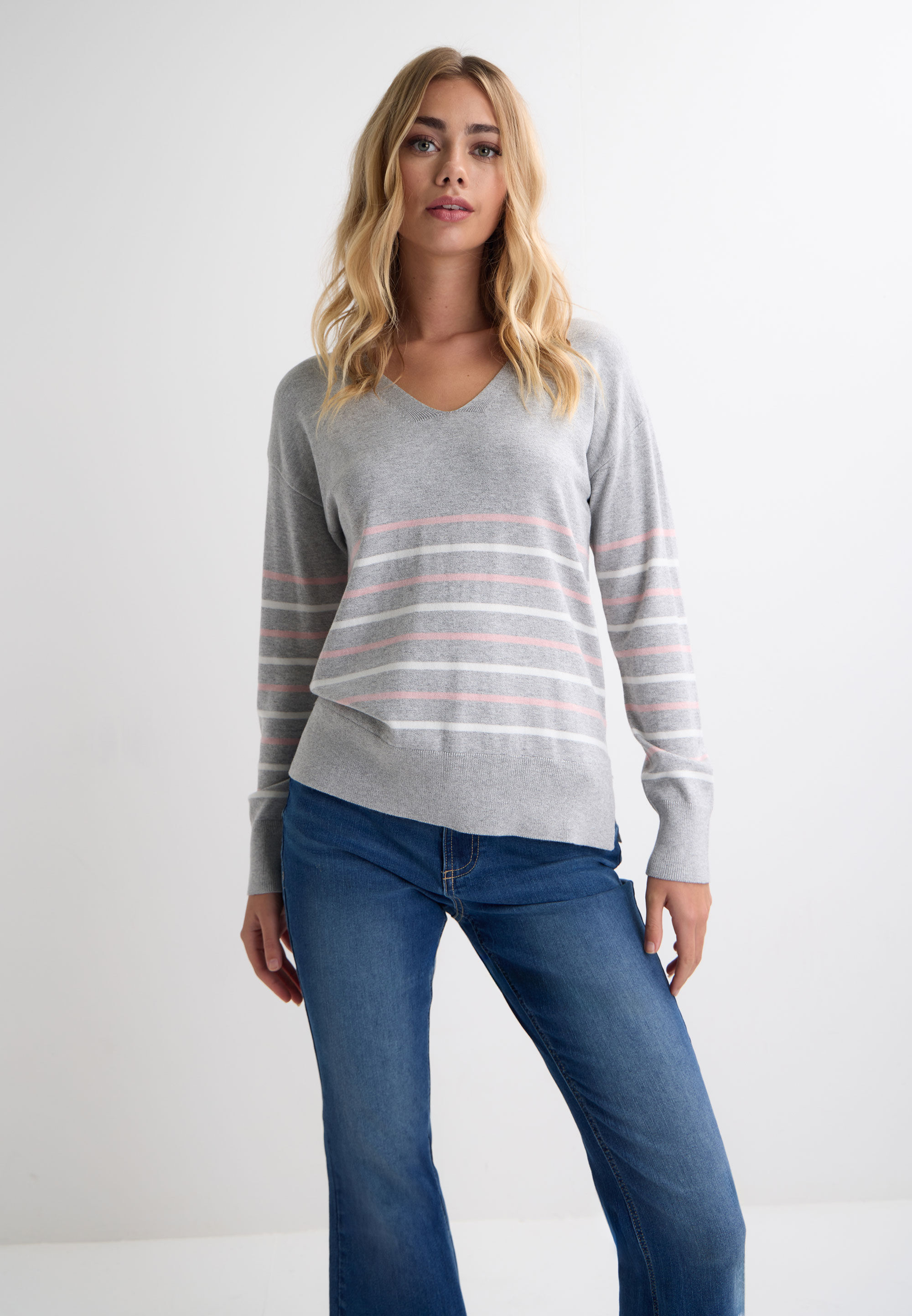 Womens Grey & Pink Stripe Knitted Jumper