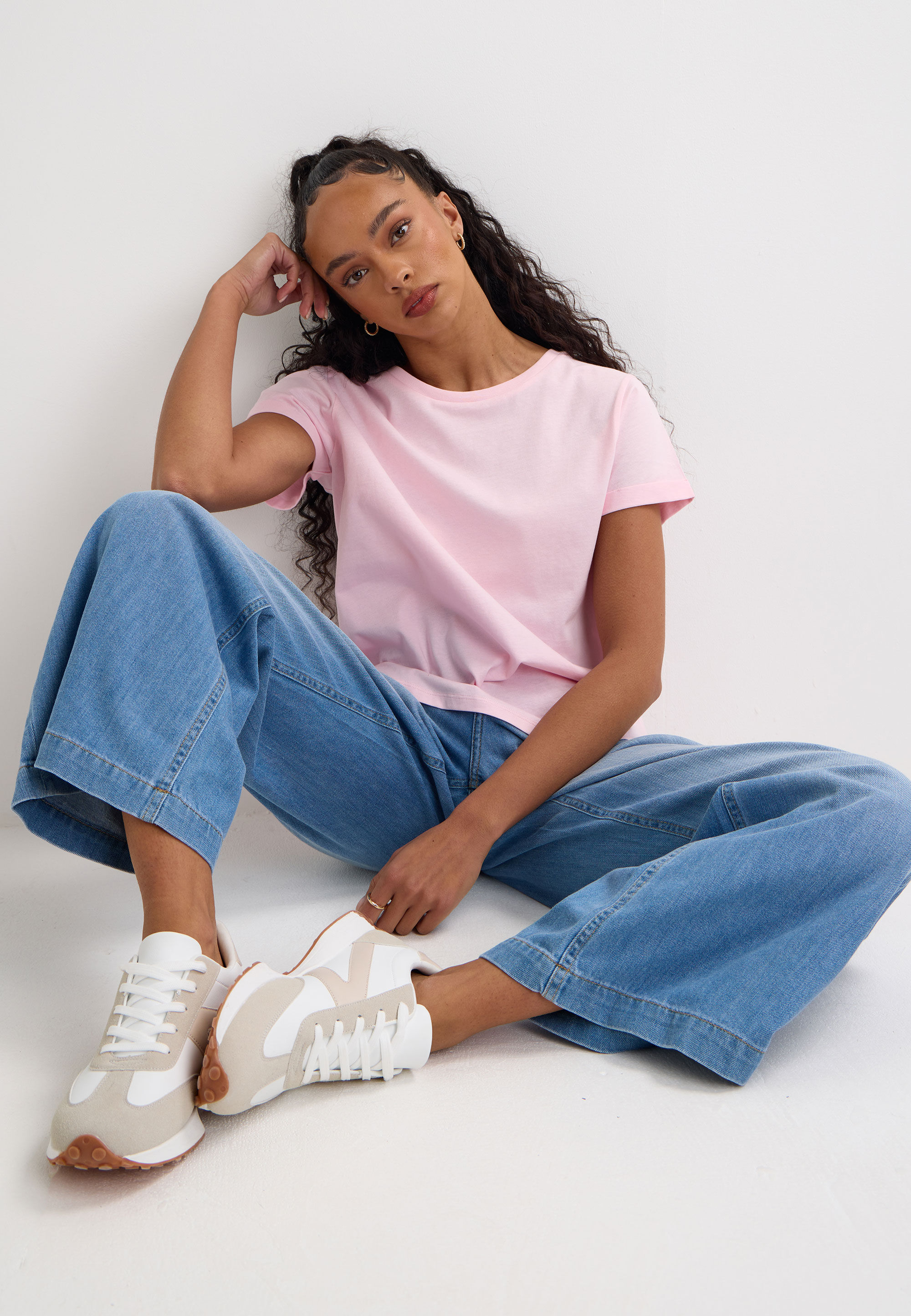 Womens Pink Plain Roll Sleeve T-shirt