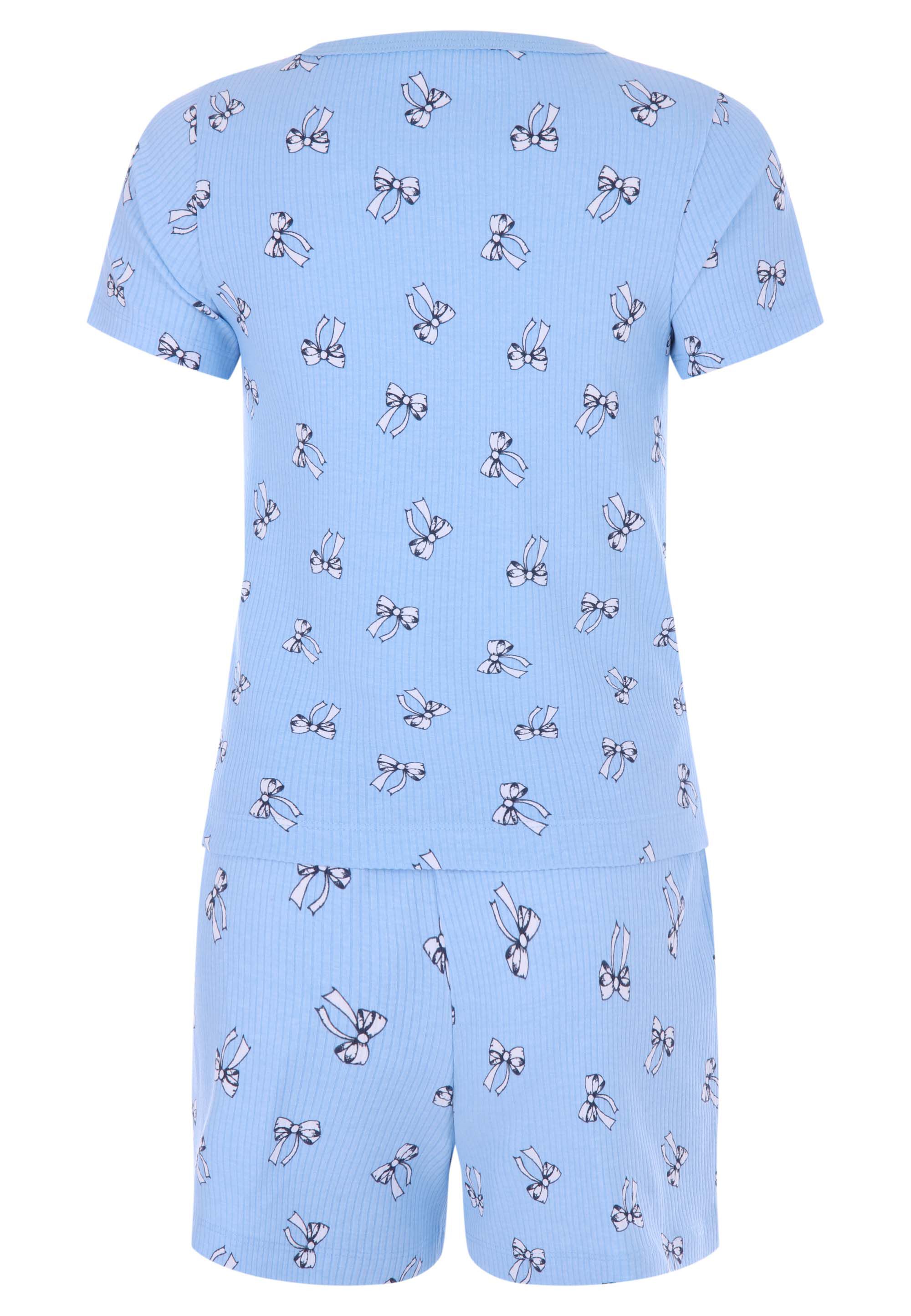Older Girls Blue Bow Henley Top & Boxer Short Pyjama Set