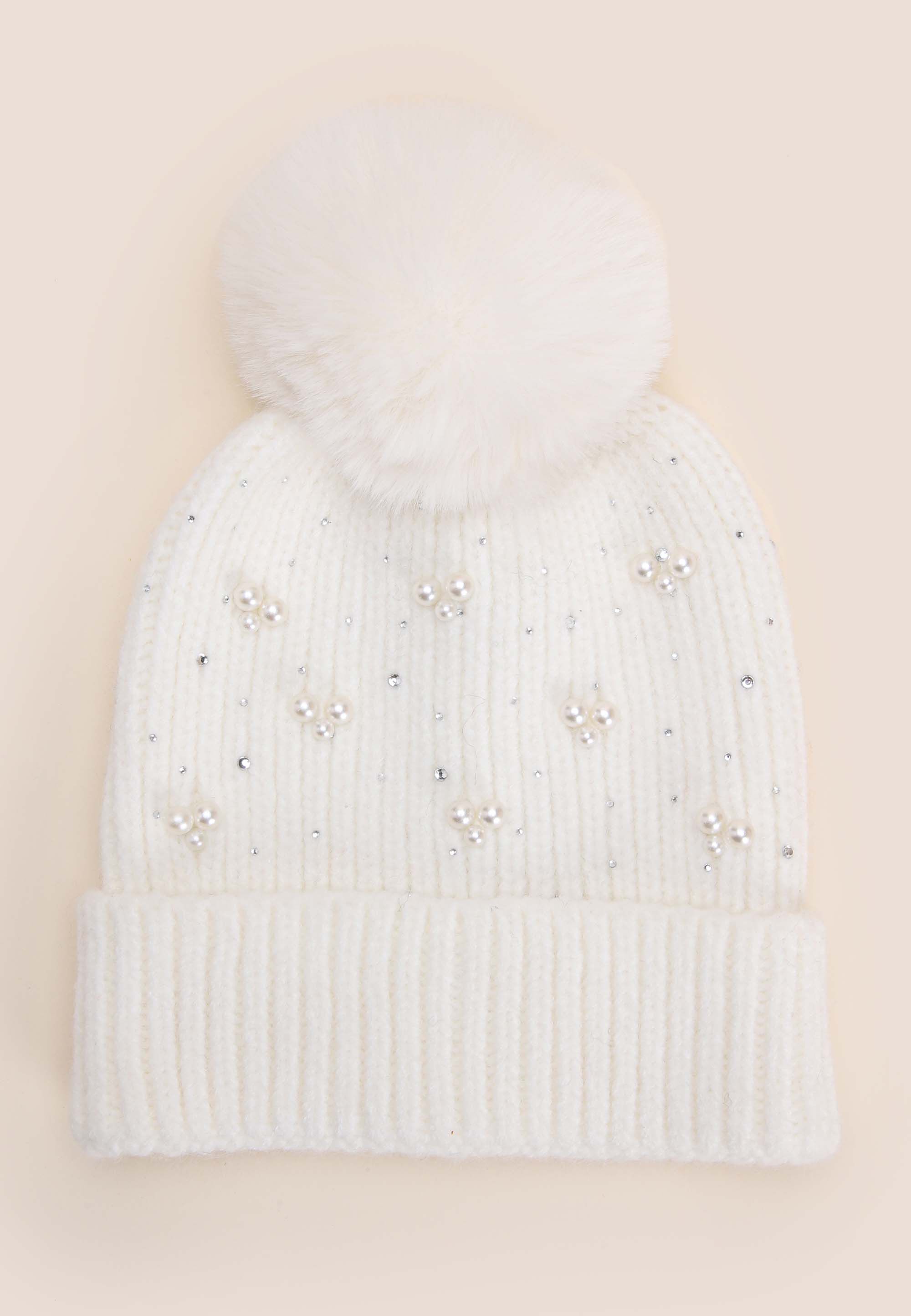 Womens Cream Pearl Embellished Bobble Beanie Hat