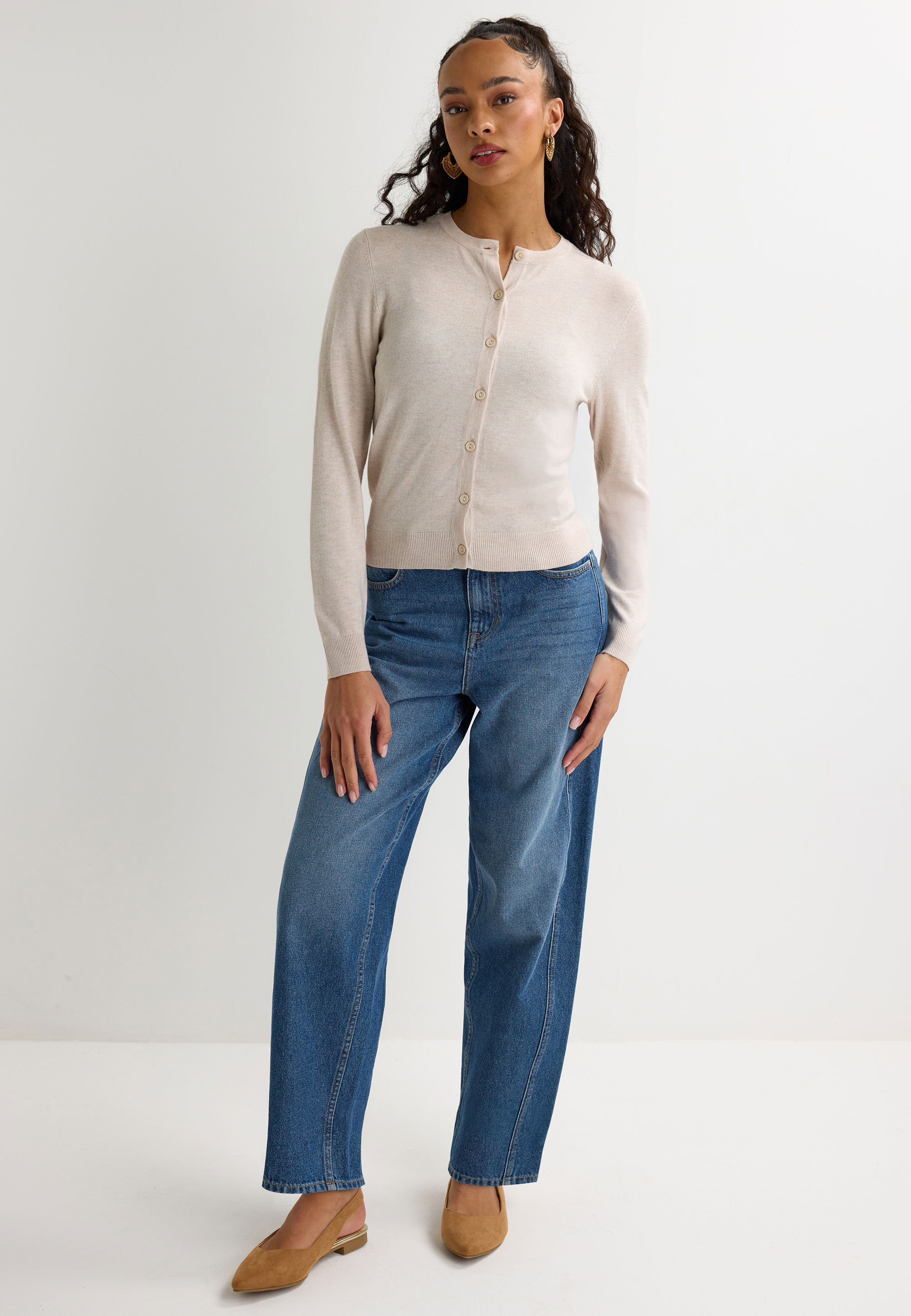 Womens Oatmeal Plain Crew Neck Cardigan