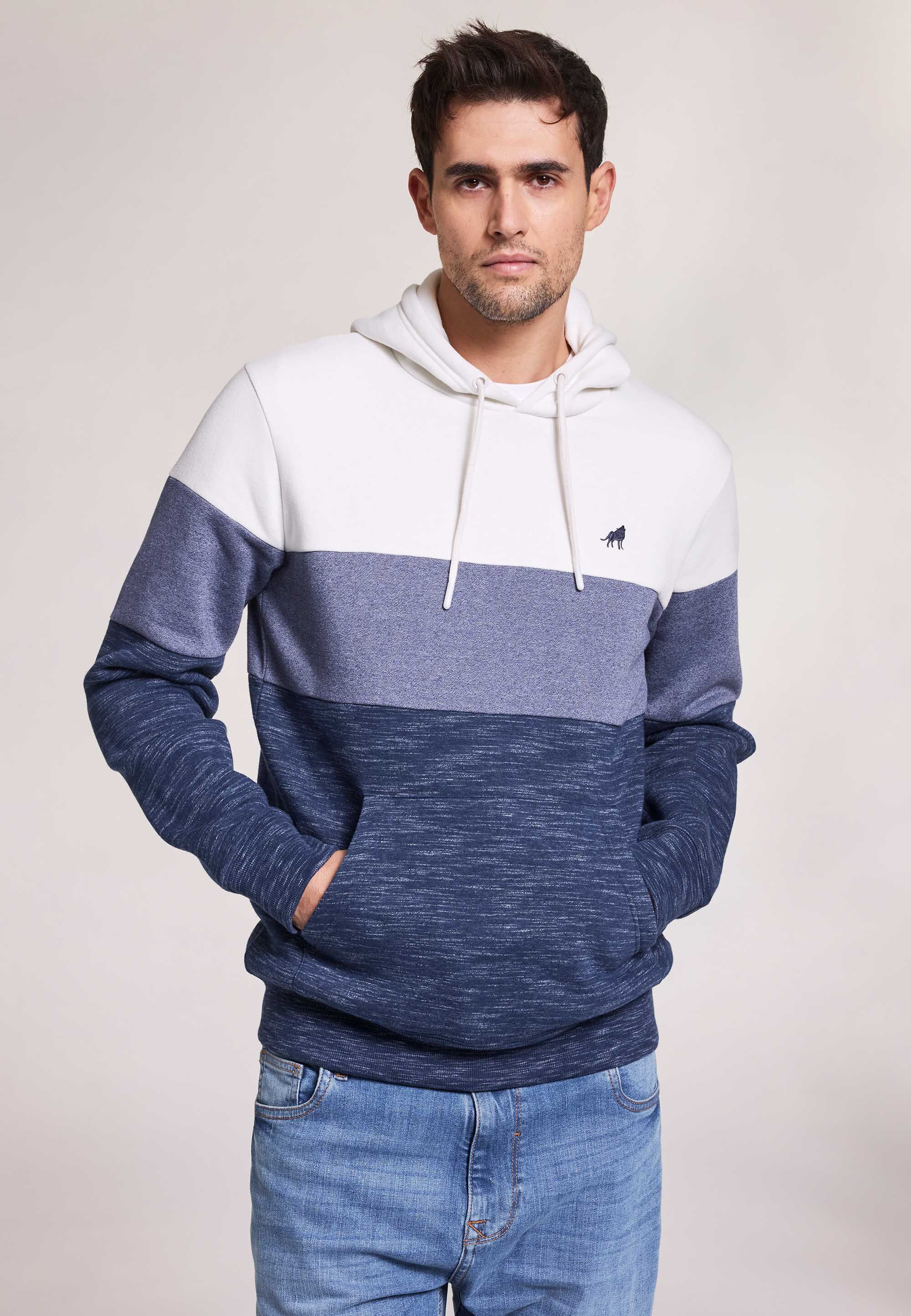 Mens Navy Triple Colour Block Hoody
