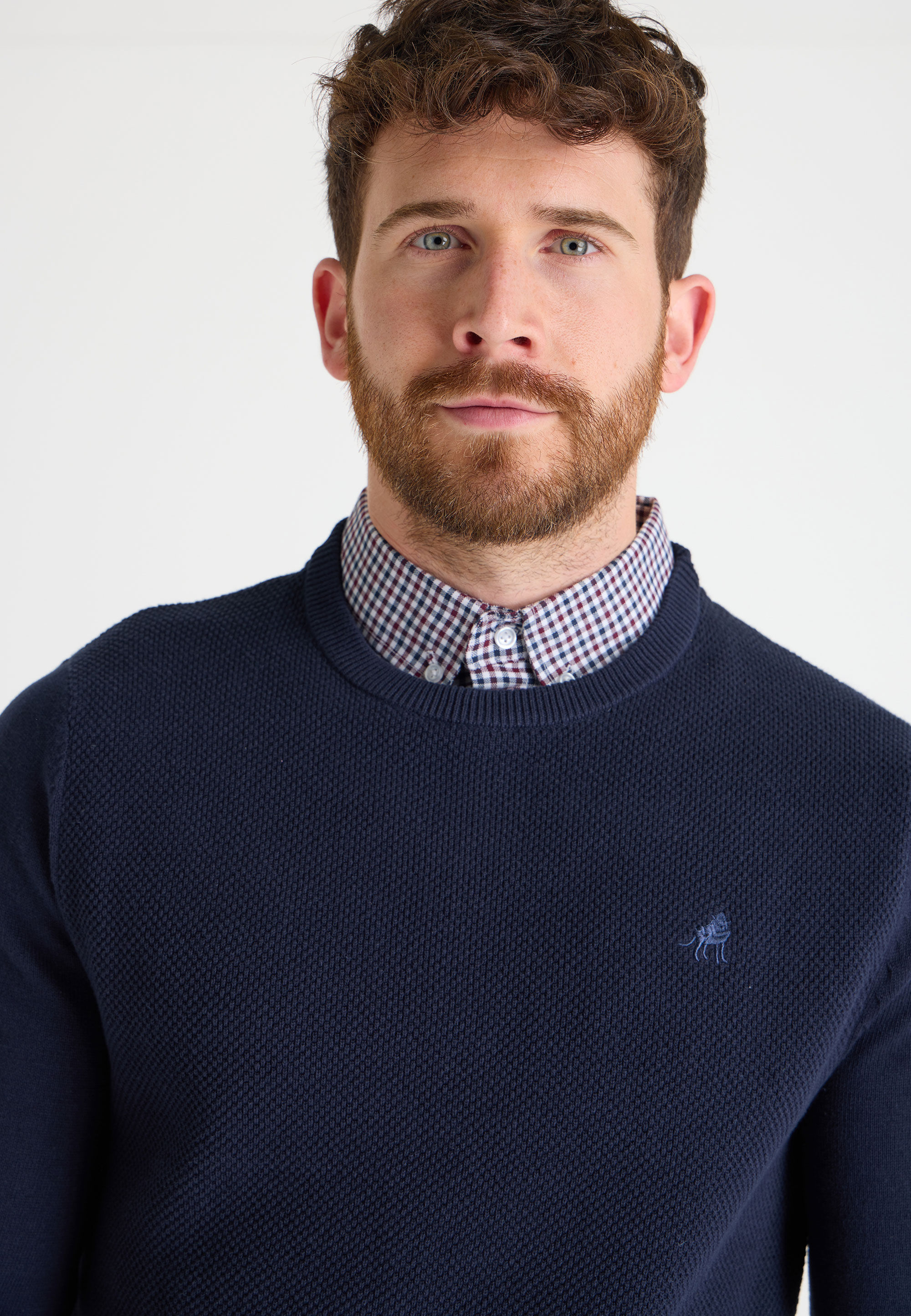 Mens Navy Plain Textured Mock Shirt Jumper