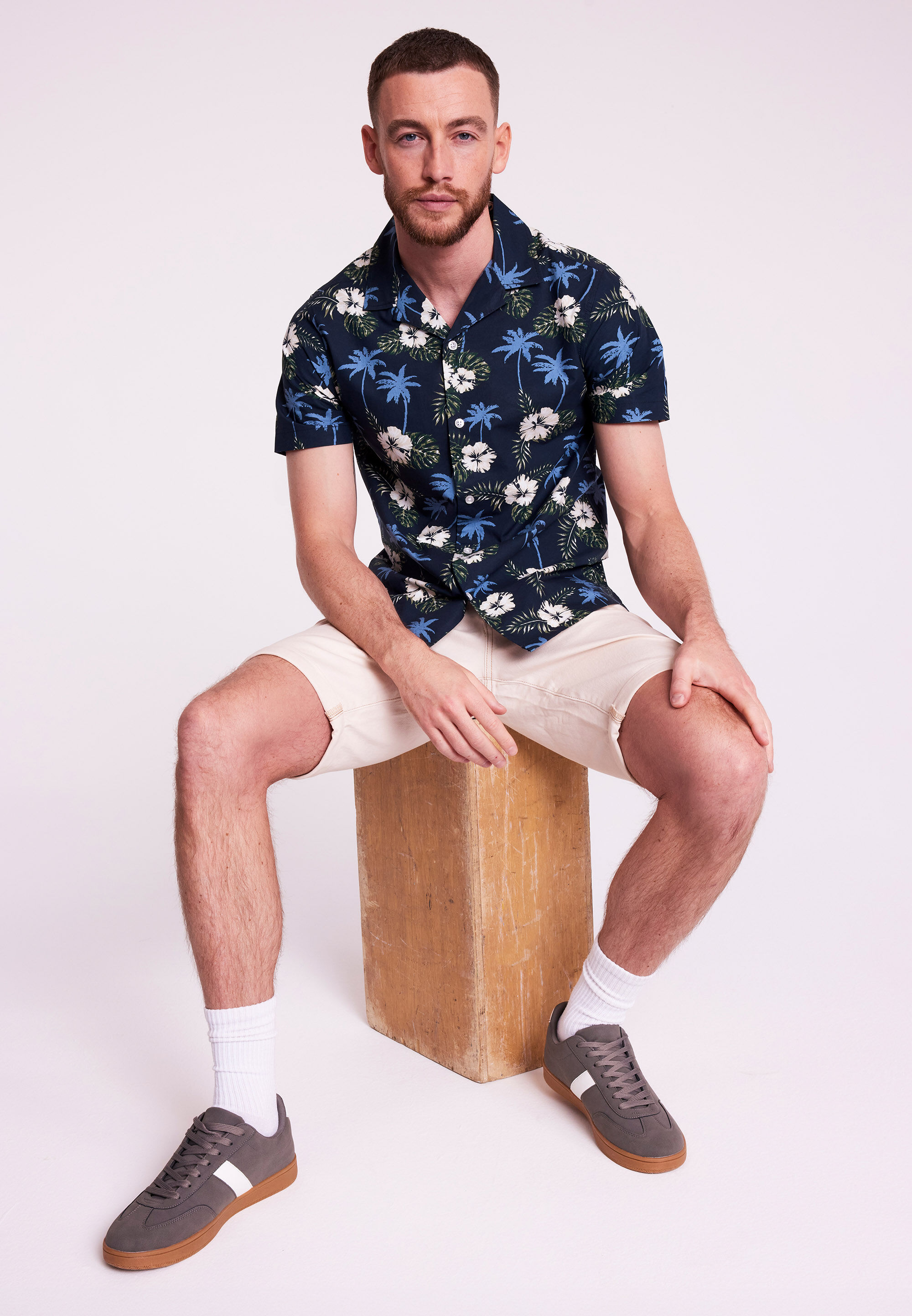 Mens Navy Tropical Print Short Sleeve Shirt