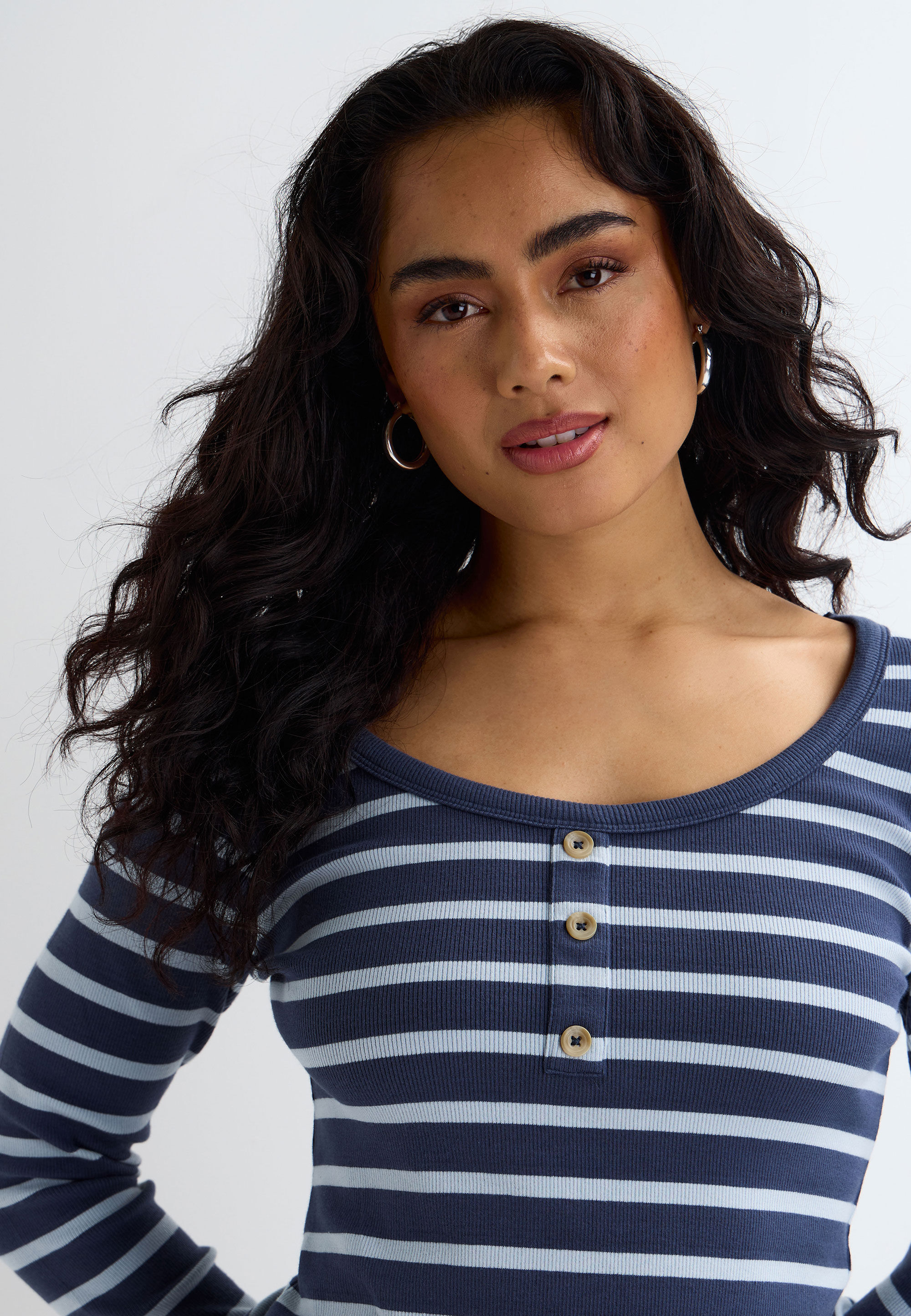 Womens Navy Stripe Button Placket Long Sleeve Top