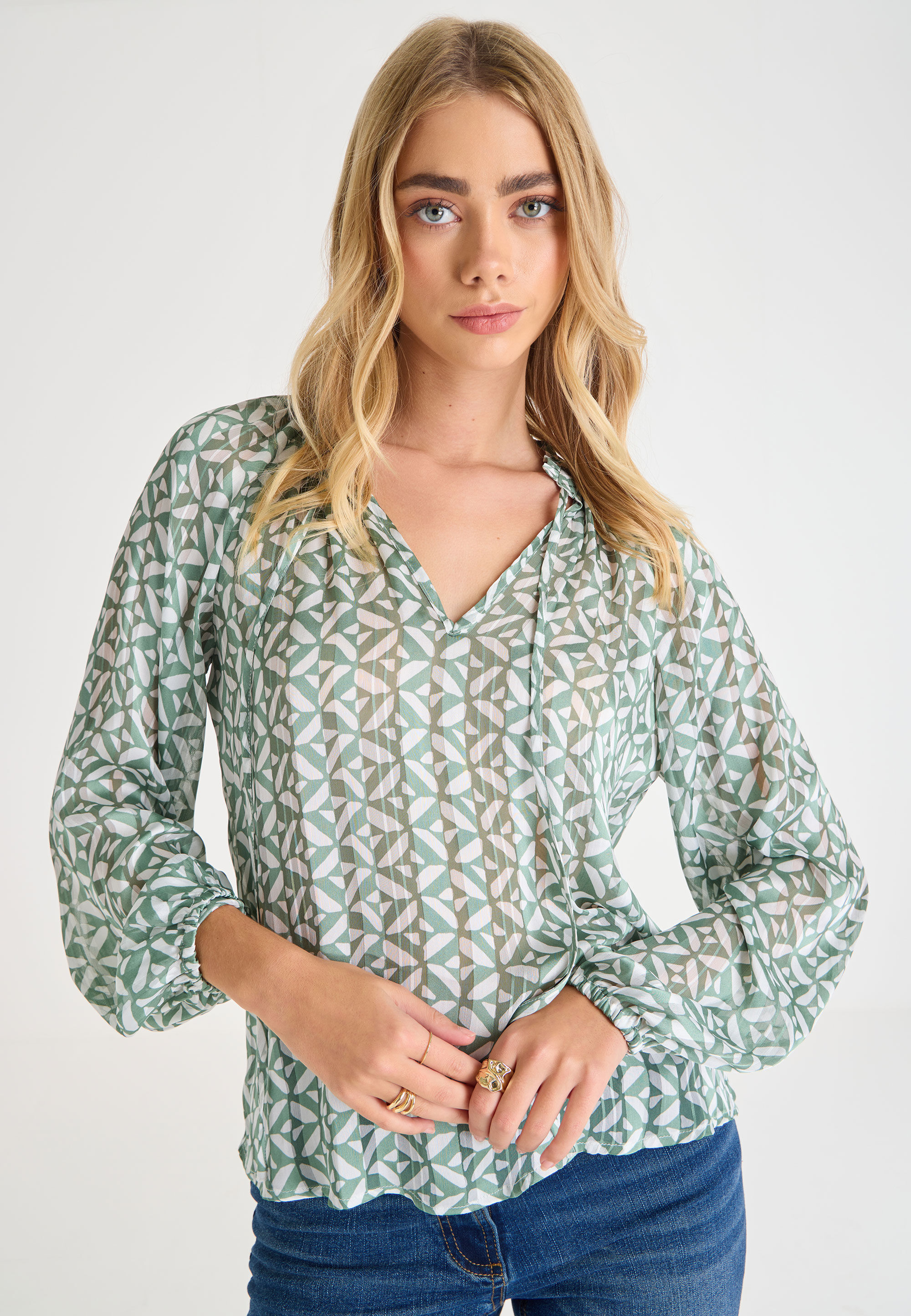 Womens Sage Tile Tie Neck Blouse