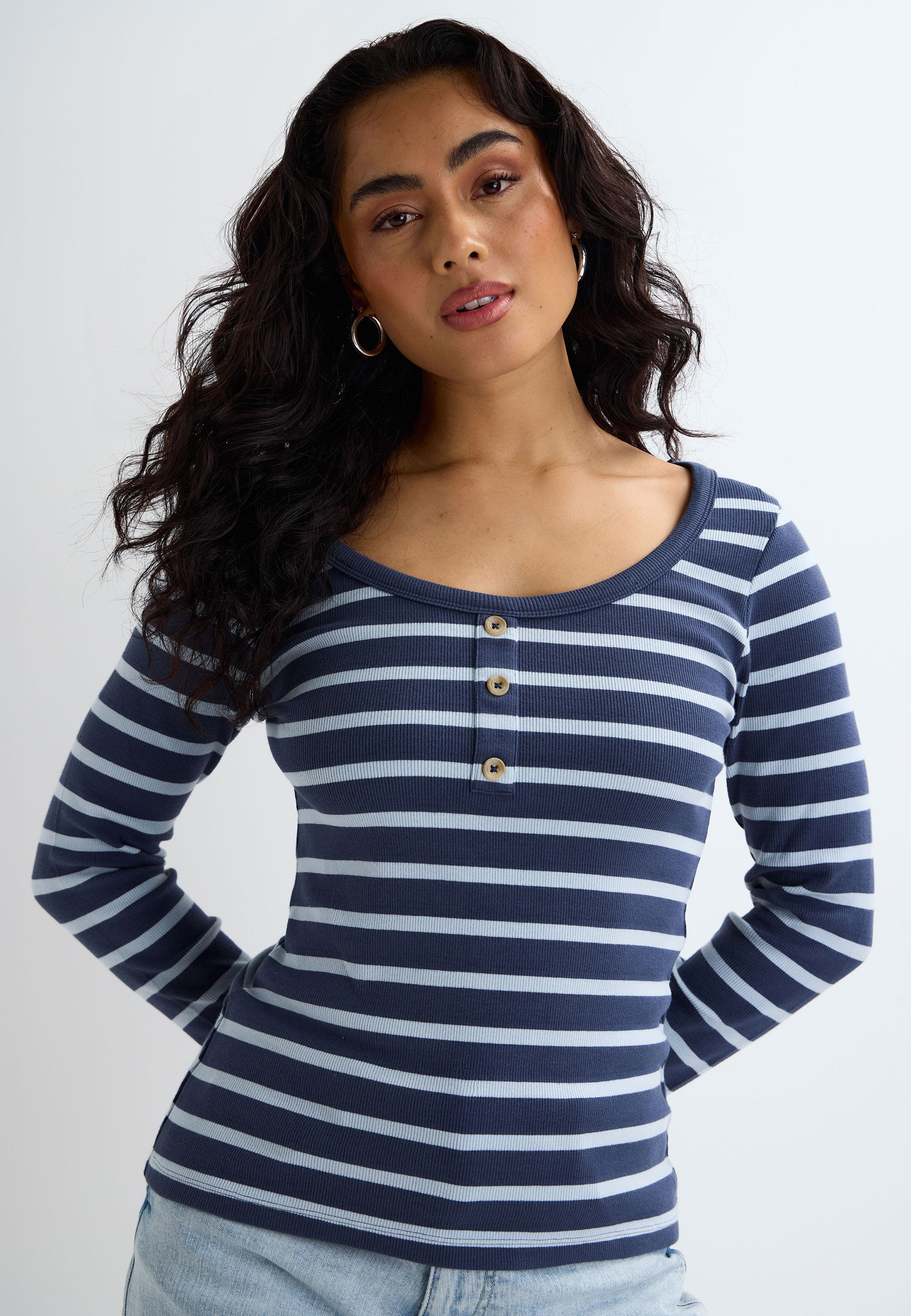 Womens Navy Stripe Button Placket Long Sleeve Top