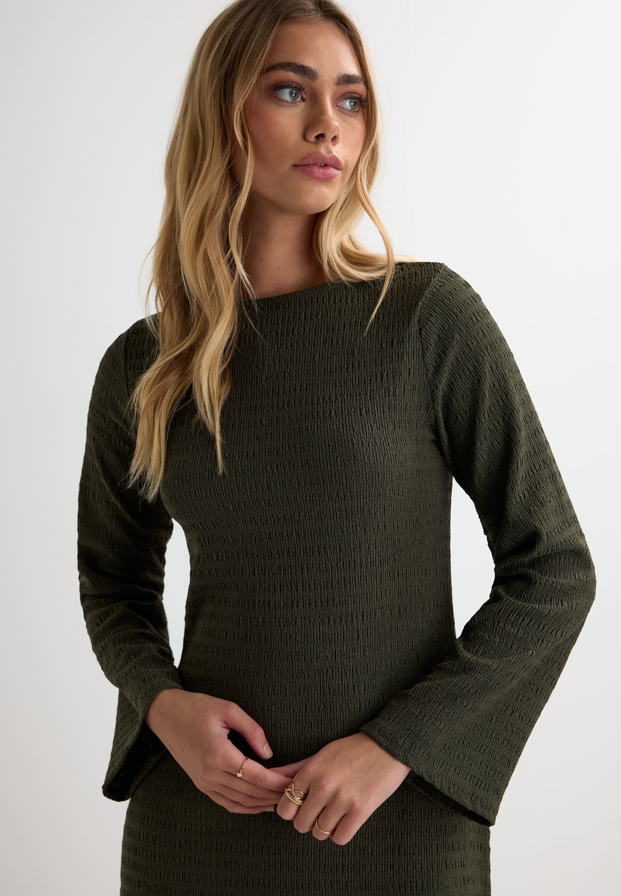 Womens Khaki Textured Midi Dress